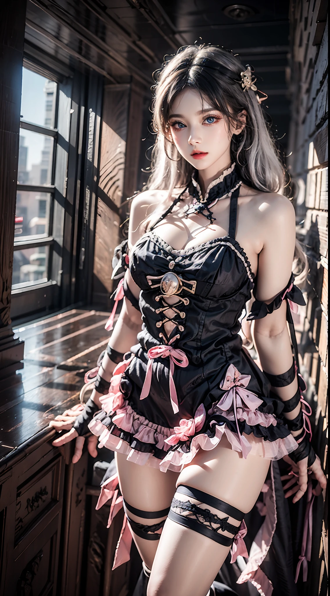 photorealistic, masterpiece, photorealistic, high resolution, soft light, hips up, blue eyes, white hair, long hair, black_little_dress, cool dress