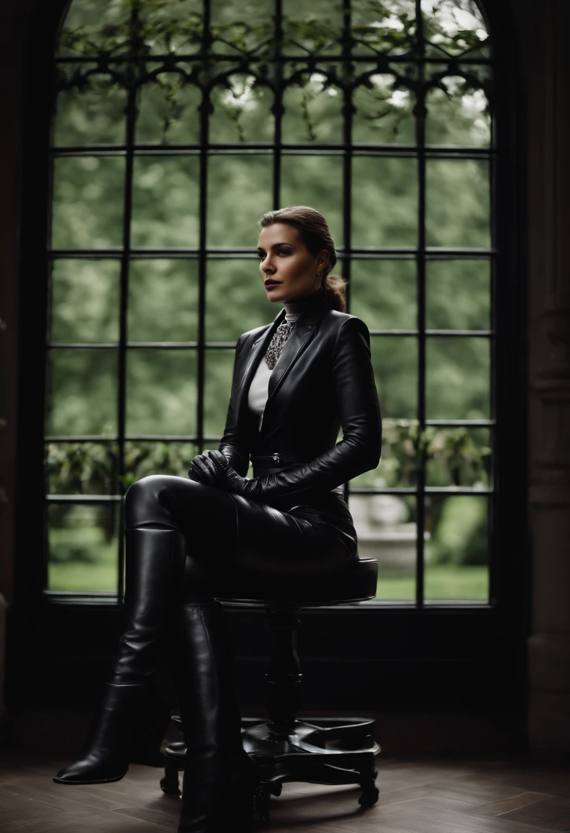 Black leather gloves with five fingers in both hands, black leather tight skirt, black leather blazer, black leather long boots, sitting on a luxurious leather chair with legs aligned, both hands of leather gloves are aligned on the knees, hair tied behind her, a mysterious woman whose face is wrapped in light