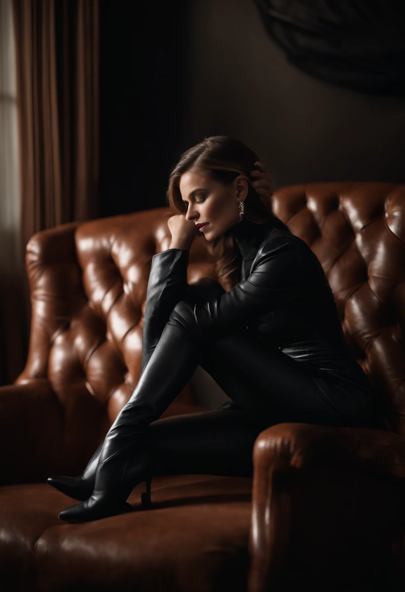 Black leather gloves with five fingers in both hands, black leather tight skirt, black leather blazer, black leather long boots, sitting on a luxurious leather chair with legs aligned, both hands of leather gloves are aligned on the knees, hair tied behind her, a mysterious woman whose face is wrapped in light