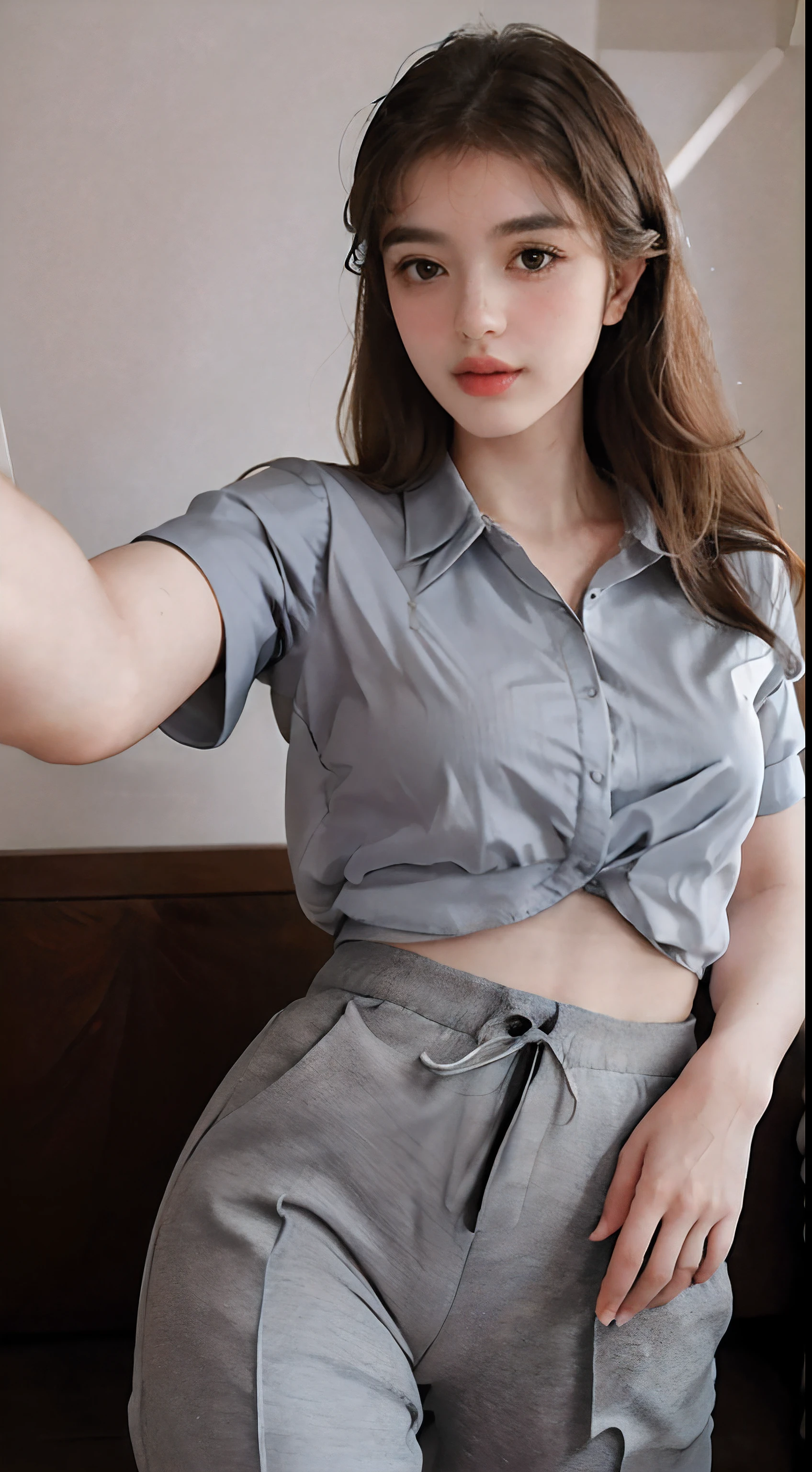 1girl, selfie, ((grey formal suit with white plan buttoned inner shirt with grey long pants)), white background, small breast, ready to work, brown hair, brown eyes, very pretty, realistic, smooth skin
