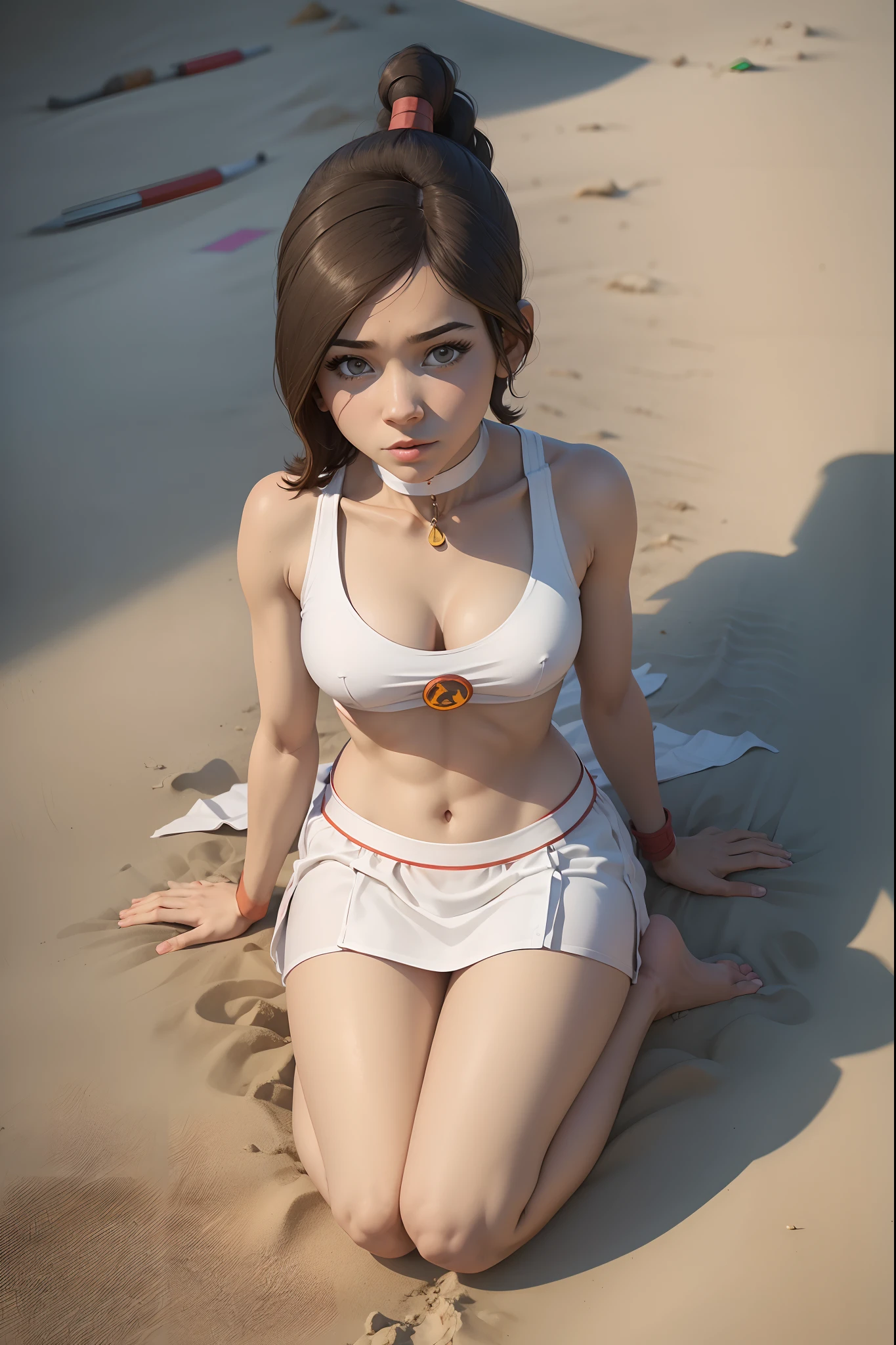 tylee, 1girl, white clothes, full body, sitting, navel, belly, drawing, 2d, cute, cleavage, legs, skinny, sexy, beach, looking away, dutch shot from above