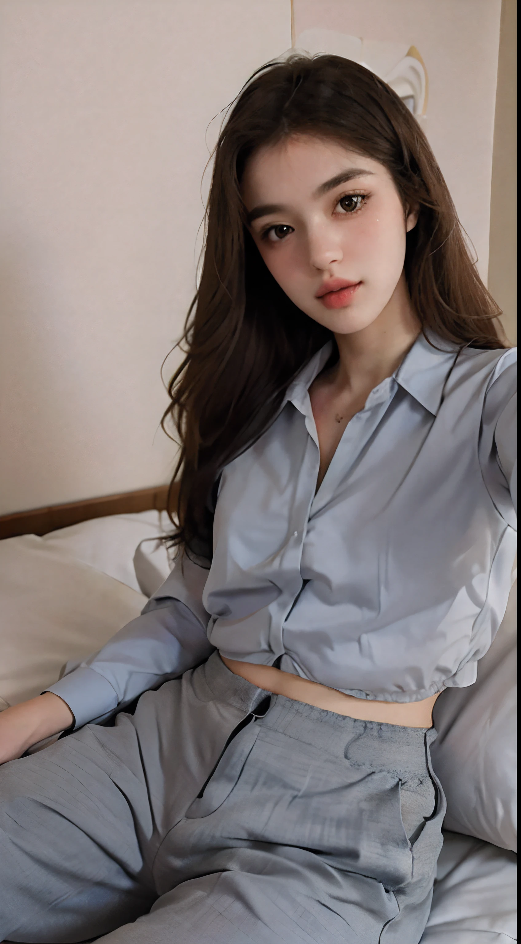 1girl, selfie, ((grey formal suit with white plan buttoned inner shirt with grey long pants)), white background, small breast, ready to work, brown hair, brown eyes, very pretty, realistic, smooth skin