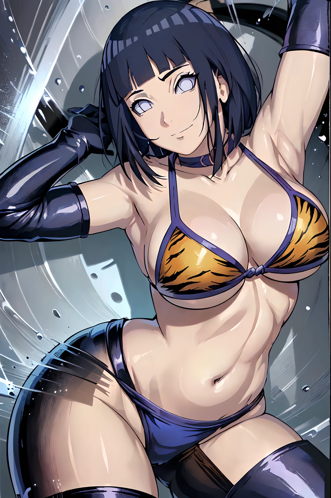 (4k, no angle view, portrait, best quality, cowboy shot), (ultra detailed body, curvy), ((solo, 1 girl)), anime style, hires, ((white background)), (hinata\(boruto\), (female wrestler), (slender body, broad shoulders), (mature woman, milf), (tigress, micro bikini, ultra detailed pro wrestling gear, long gloves, long boots), (extremely gorgeous), (tilt head, seductive look, ((seductive pose, armpit, stretching)), seductive face, seductive expression, (sexy expression), smile, closed mouth), (pale skin, shiny skin, lighting and shadow), (dark blue hair color:1.1), wavy hair, ((short hair, hime cut), big breasts, ((detailed arm curves)), (long belly), (very seductive), (perfect eyes, anime eyes)