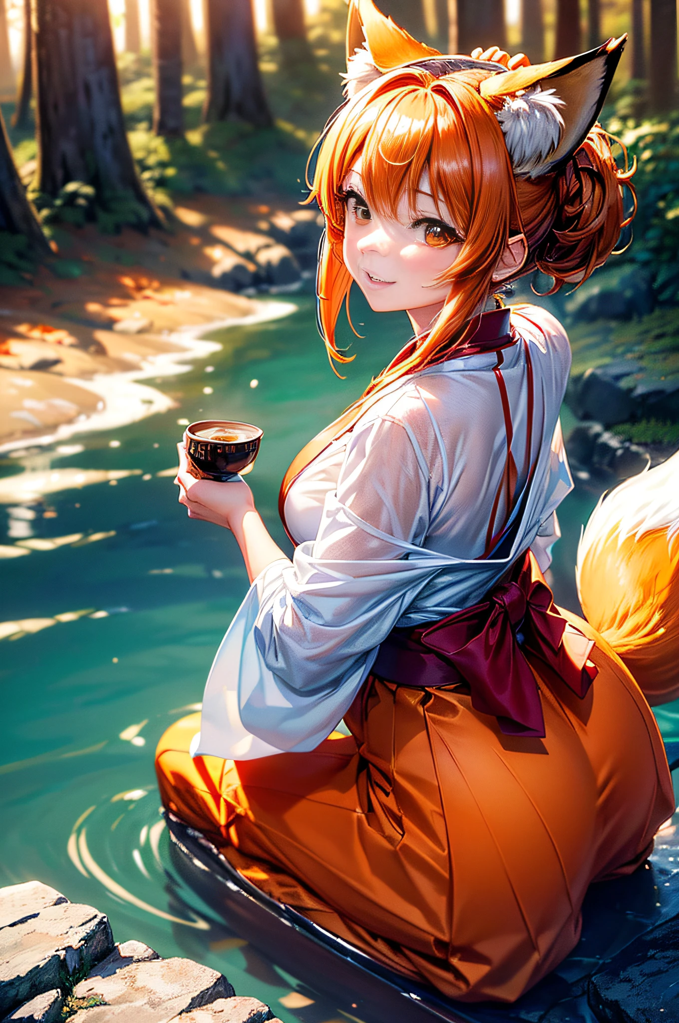 2d, masterpiece, best quality, anime, highly detailed face, highly detailed background, perfect lighting, wano, nami, 1girl, solo, one eye closed, long hair, smile, jewelry, sash, japanese clothes, obi, orange hair, bikini , bow, light blue kimono, flower, flower print, earrings, looking at viewer, sleeveless kimono, ahoge, ribbon, hair bow, sky, day, bracelet, sleeveless, ;\), blue bow, outdoors, breasts, cloud, closed mouth, ponytail, blue sky, brown eyes, orange eyes, left shoulder tattoo, bare shoulders, very long hair, sidelocks, bangs, collarbone, upper body, left arm tattoo, bare arms, official alternate costume, blurry, hand gesture, alternate costume, medium breasts, blurry background, big breasts, eyelashes, mountain, parody, cloudy sky, sitting, shiny hair, bangle, wavy hair, 