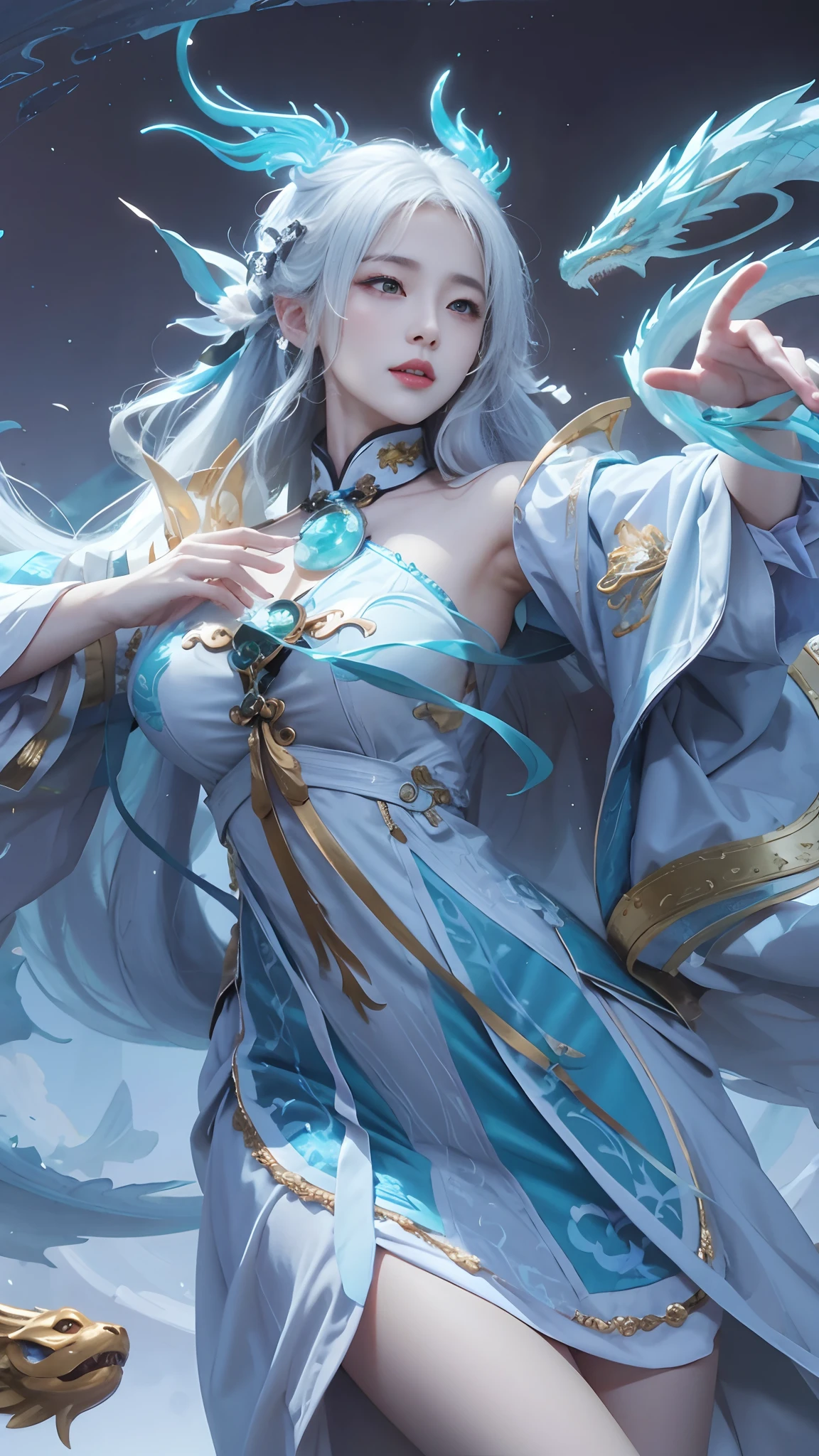 Anime girl in blue dress,There is a dragon on the shoulder, Beautiful celestial mage, Extremely detailed Artgerm, white-haired god, queen of the sea mu yanling, full-body xianxia, flowing magical robe, by Yang J, Artgerm on ArtStation Pixiv, ! Dream Artgerm, Ruan Jia and Artgerm