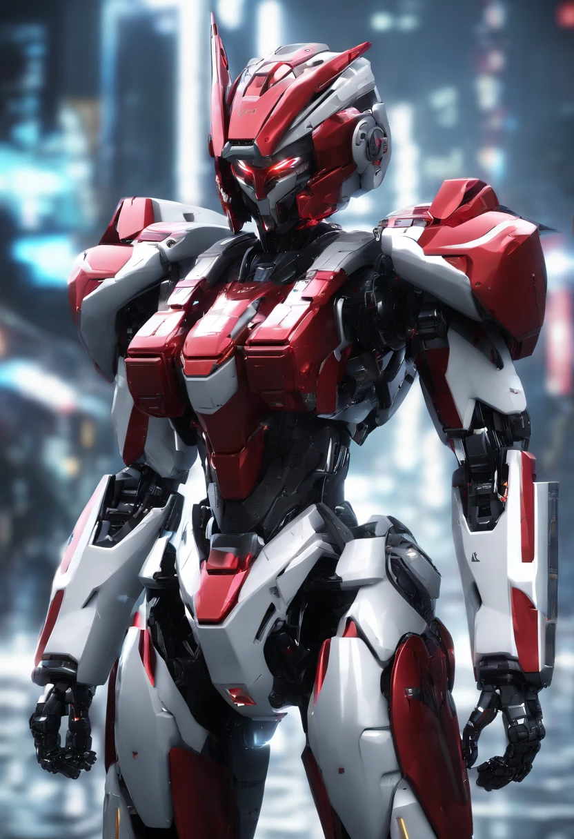 Gundam Mech , Feminine body line,Light equipment,Delicate structure,Science fiction, frontage,Coming to the viewer,Fighting figure, Sense of technology, C4D, OC Renderer, Unreal Engine, high detailing, industrial design, 8K HD, studio lights,Futuristic city night view background(Best Quality,4K,High resolution),Image Color: METALIC RED,White and yellow lines,Cat-motif design,Sharp rounded body lines,The structure of the female body,Patlabor