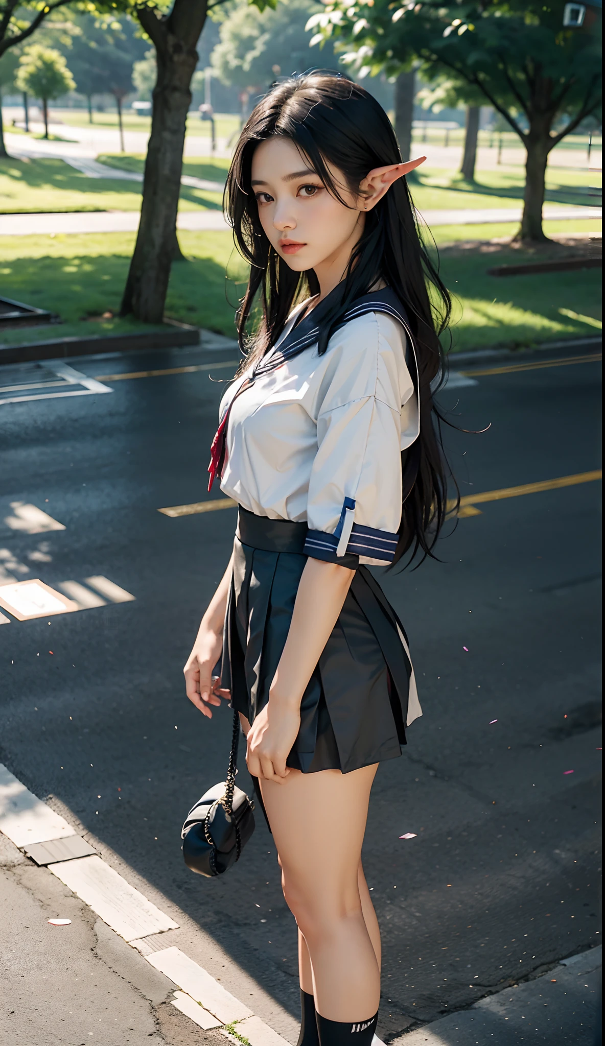 (Japanese-style school,the cherry trees:1. Mature elven beauty,standing on your feet,a sailor suit), tmasterpiece, best qualtiy, RAW photogr, realisticlying, Incredibly Ridiculous res,Elf long ears, ear studs,hair pin, (Long flowing silver-black hair:1.9),eye shadows,(a sailor suit),eardrop,foot ring,short skirt,(Black sport socks)(Black half-knee socks),(Loafer shoes),two longer legs,depth of fields, A high resolution, ultra - detailed, filigree, RAWE is very detailed, very detailed eyes and faces, Sharp pupils, realistic pupil, tack sharp focus, cinmatic lighting,full bodyesbian,Bigboobs,long leges,From the front side,dynamicposes,Normal posture,closeup of face