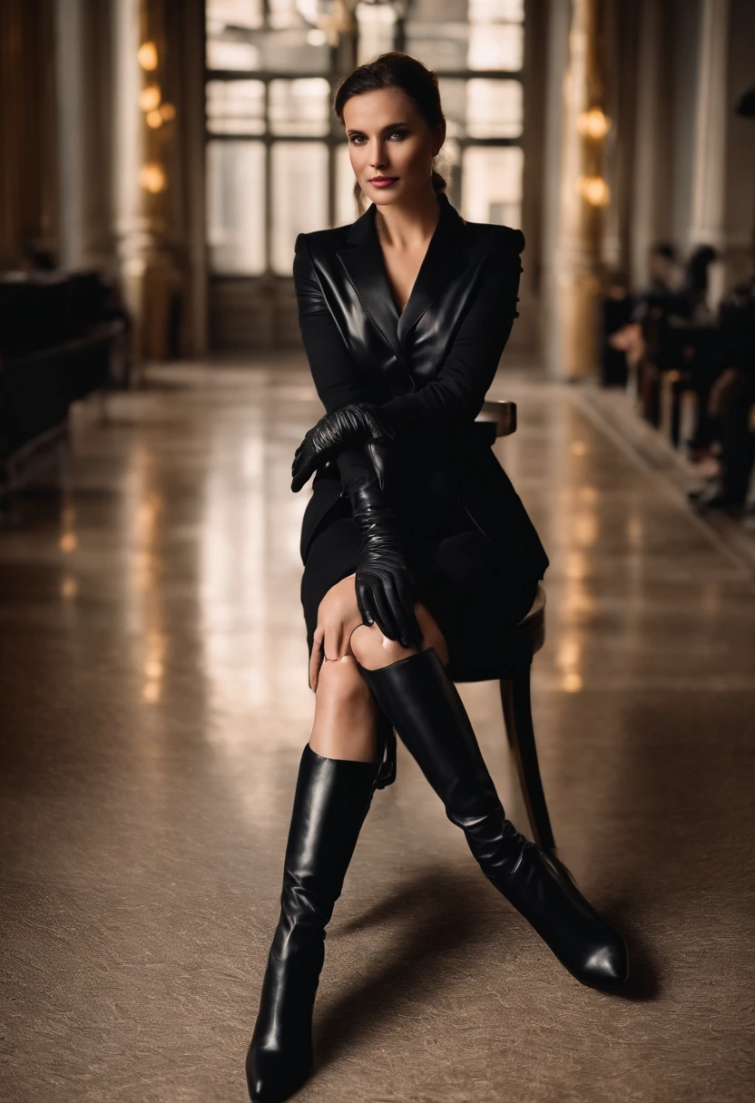 Black leather gloves with five fingers in both hands, black leather tight skirt, black leather blazer, black leather long boots, sitting on a luxurious leather chair with legs aligned, both hands of leather gloves are aligned on the knees, hair tied behind her, a mysterious woman whose face is wrapped in light
