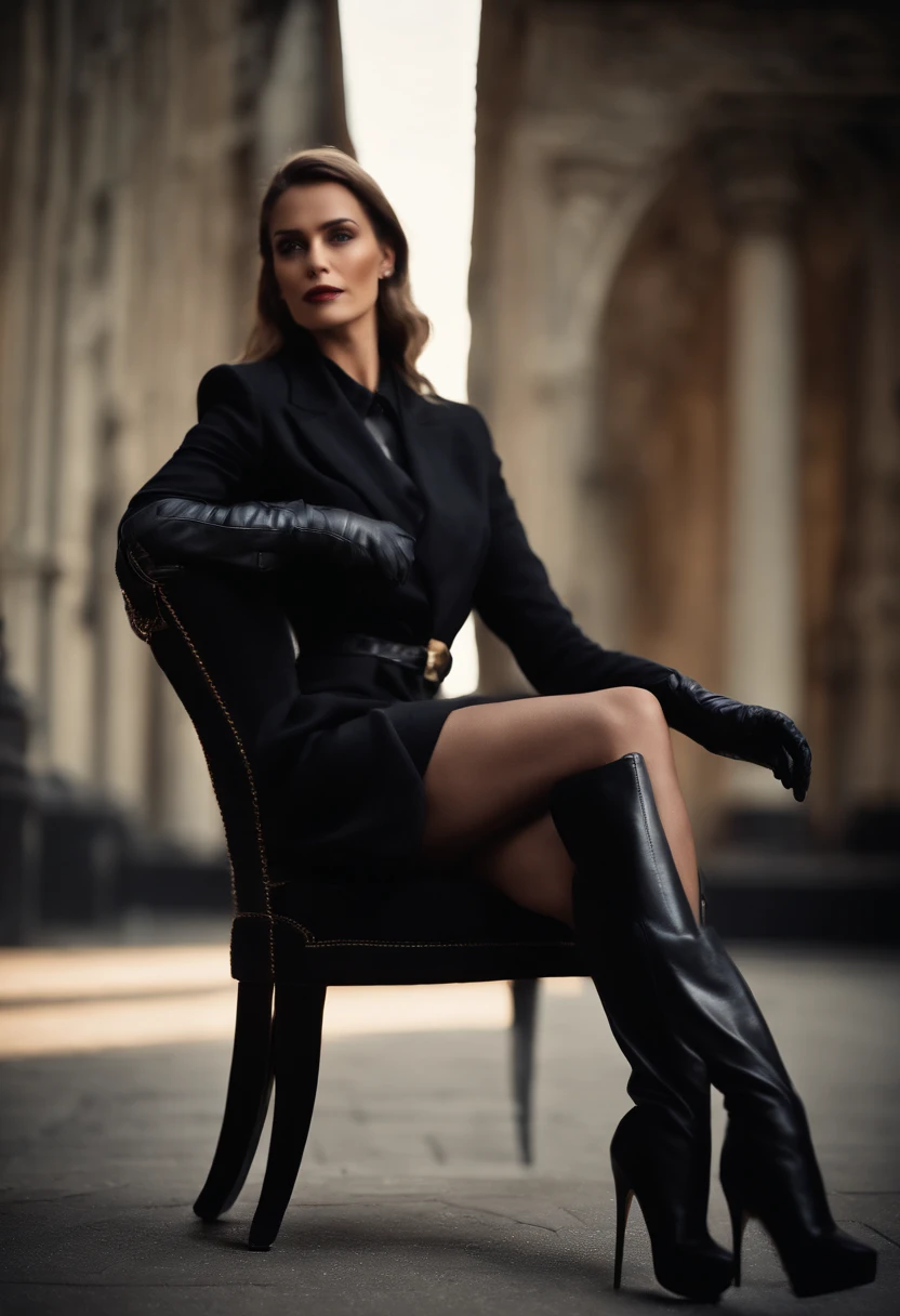 Black leather gloves with five fingers in both hands, black leather tight skirt, black leather blazer, black leather long boots, sitting on a luxurious leather chair with legs aligned, both hands of leather gloves are aligned on the knees, hair tied behind her, a mysterious woman whose face is wrapped in light