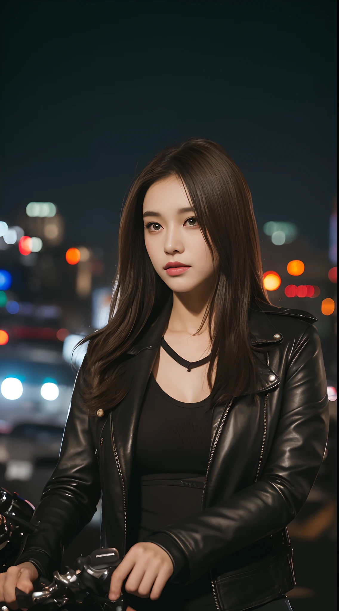 ((Midnight, Best Quality, 8K, Masterpiece: 1.3, Realistic)), Full body: 1.4, Sharp focus: 1.2 Slender abs: 1.2, ((Long dark brown hairstyle, Medium Breasts: 1.2)), (Black full leather jacket: 1.1, Black tight rider pants: 1.1, Hands on jacket: 1.1, Standing: 1.4), (Outdoor, Motorcycle, Crowded traffic streets background: 1.3, Night city view), Highly detailed face and skin texture, detailed eyes, double eyelids, face looking at the camera, full body camera view, full motorcycle view