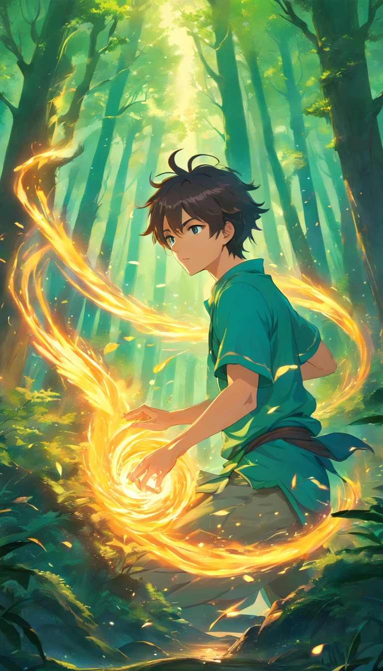 In the middle of an ancient forest and covered with vegetation, The essence of magic takes shape through a young man, his hair so golden made gold and his eyes a radiant golden flame. A mystical mark adorns his neck, cintilante com poder latente. Dentro de uma clareira, He is engulfed by a cascading torrent of flames, o calor do fogo temperado por uma energia sobrenatural. Like the magic fire spirals and dances, evokes a spinning dance of luminous particles, each a fragment of his ethereal aura. Arcane symbols materialize in the air, its glow casting a sinister light on his intense focus. The scene exudes a sense of ancient power and occult knowledge, As if the woods themselves were alive with long-forgotten secrets. The atmosphere is of serene intensity, where the balance of nature and magic intertwine. The illustration style captures this mystical aura through detailed digital art, combinando linhas intrincadas com paletas de cores vibrantes. --AR 16:9 --V 5