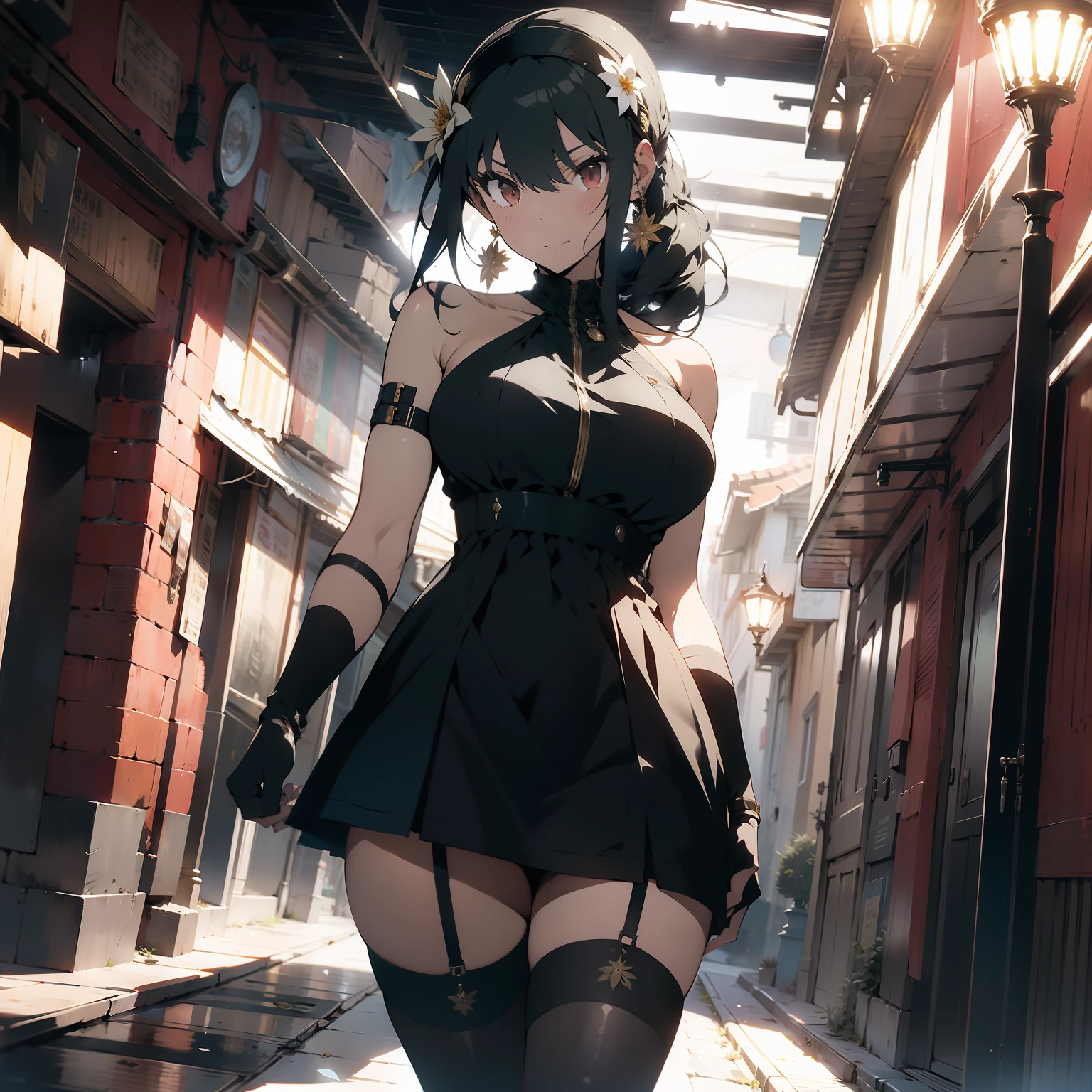 1girl solo,Female fighter ,maid outfit, collarbone, {{white puff sleeves:1.4}}, {{White short-sleeved puff-sleeved blouse:1.6}},black shoulder straps, black corset, black flared skirt, blunt bangs, black choker. Dynamic composition,dutch angle,{{fight}},{{masterpiece}}, {{{Highest quality}}},{{Very detailed}},holster ,Fight,,{{v-shaped eyebrows}},Bad mood,blush,Sweat,raise one's eyebrows ,Black hair Long hair,Blunt bangs ,cyberpunk ,Black fingerless gloves ,White frilled apron,ponytail,Beautiful thighs,Training area,Indoor