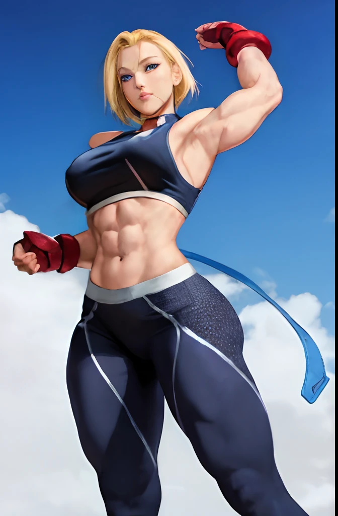 cammy sf6 ,1girl , solo , tank top , yoga pant, abs, short hair , blonde hair , open jacket ,blue eyes , outdoor , standing , smile , happy , upper body , scar on cheeks ,gloves,