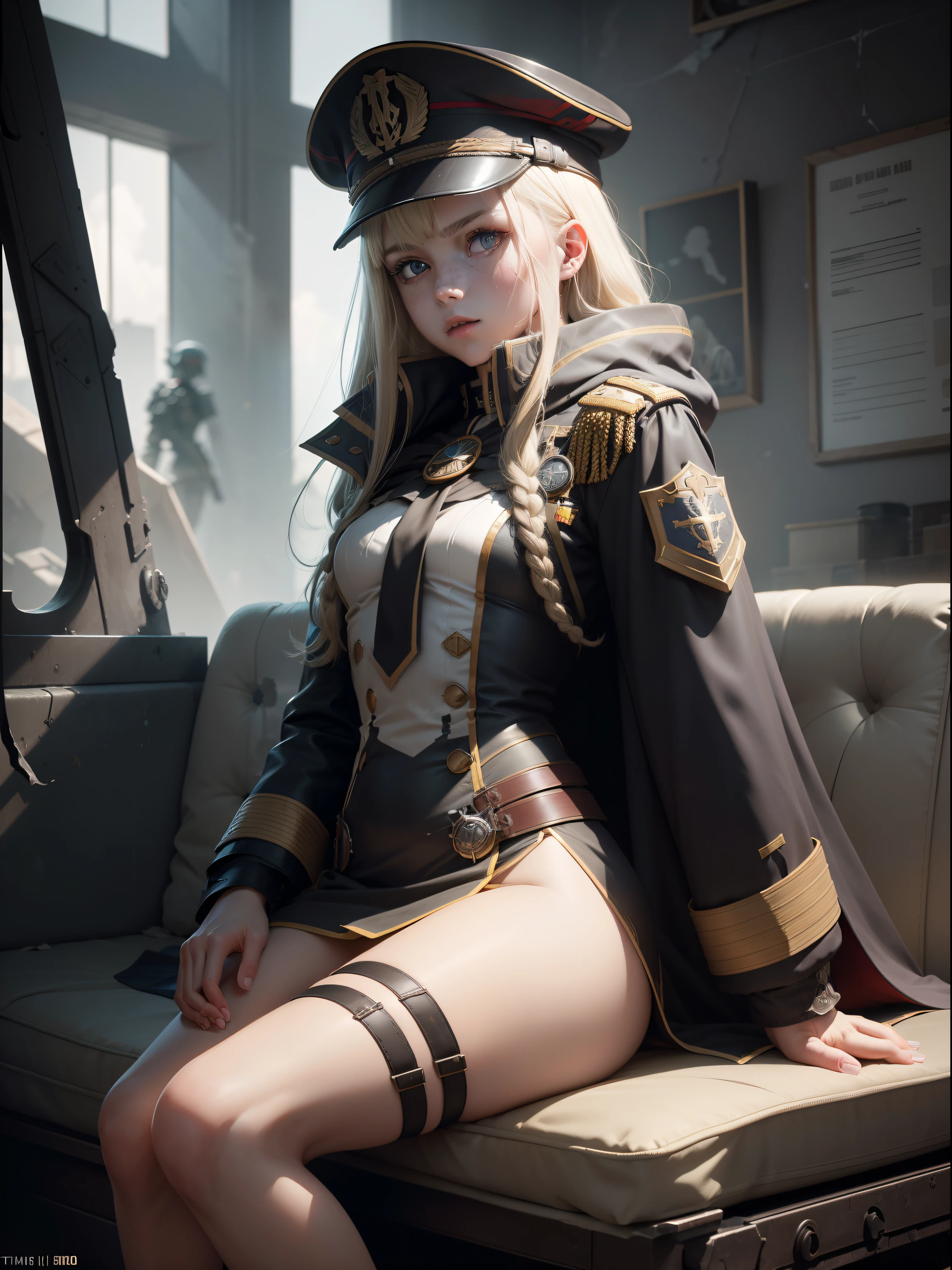 Destroyed towns,3 Ukrainian girls , Ukrainian anime girls , , Ukraine ,  Full body composition of young girl with messy bright blonde hair, eye make up, 13 year old,  Soft lighting, Solo, Old torn dirty shabby futuristic military uniform, badges, Pose, Blotch color, Octane Render, Hyperrealistic intricate detail, Cinematic, 8K resolution, 70mm, Accent Lighting, Global Illumination, Full body portrait, clean detailed faces, intricate clothing, Cute face, flat chest, Slim waist, Slim legs, small hips,Major's uniform,Major's hat,Holding a handgun,Long jacket,Carrying a cloak,actionpose,Sitting on the floor,with spreading legs,White panties,