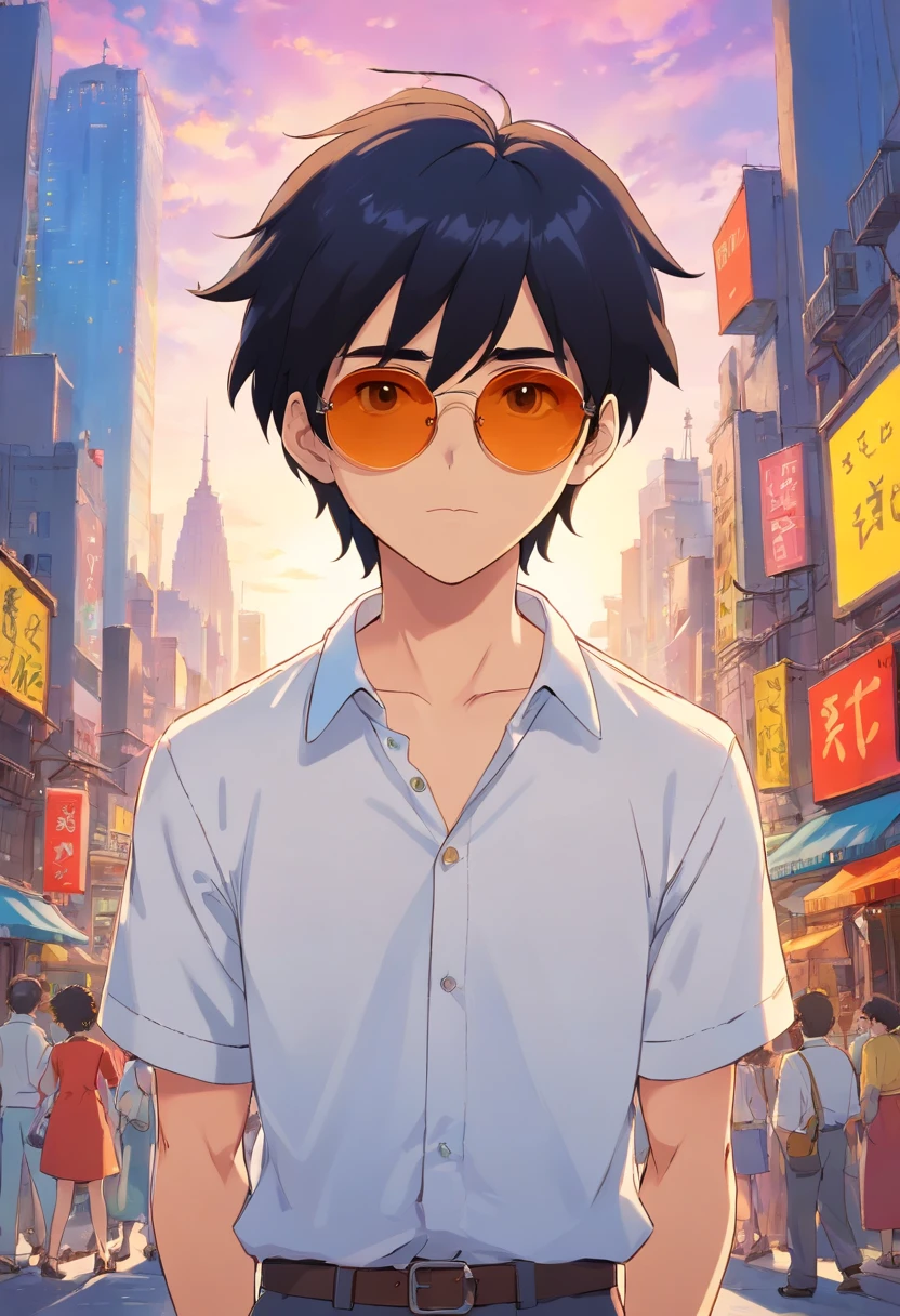 Young man with sunglasses on his head、Working elite、white shirt、Trading Company Man、 Tranquil New York Cityscape、 colorful animation stills, Black hair、 paul gauguin,Embry style, Honest portrayal
