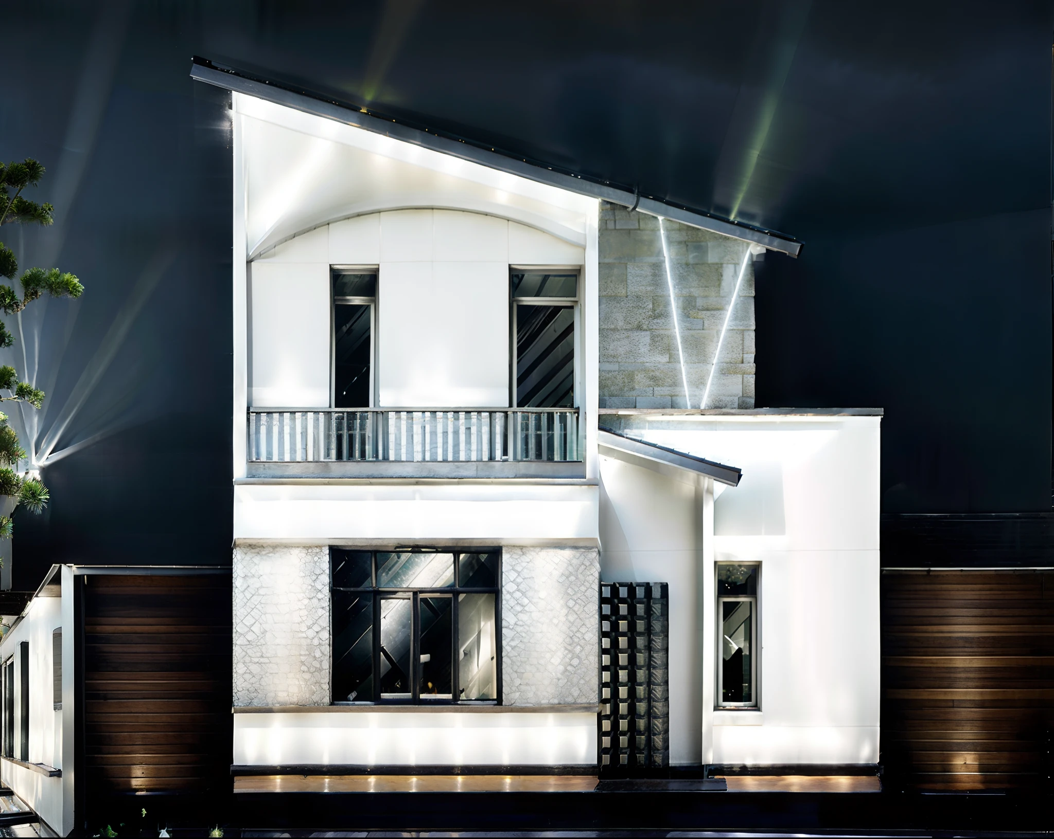 Exterior, morden glass house, white house made by main material are wood and white house and stone, town house, blue sky:1.8, The vertical wall is covered with black stone, large yard, 1 garage, 1 car, 1 road infront of house, dynamic light:1.4, cinematic lighting,((( light from indoor:1.4))), Ornamental daisies, peaceful feel, award-winning architecture, Wet road surface, sky scene after rain, warm interior lights:1.7, shimering sky, Cucumber plants decorate the balcony
