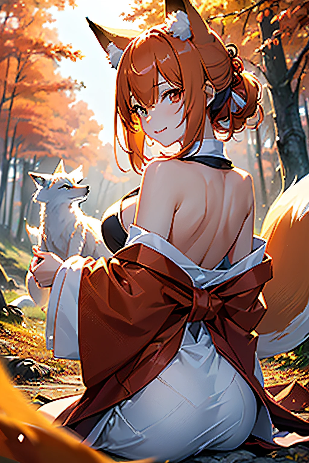 Two-shot photo of a girl and a fox,(Fantasia,Kitsune Yokai Four-Tailed Heavenly Fox,),(Girl and Fox Yokai: The Tale of the Four-Tailed Heavenly Fox),
(With a girl bent down deep in the forest and looking up,Fox Yokai Two-shot  of a fox protecting a girl's back Poster of the four-tailed heavenly fox),
(natural soft light.)(Sunlight,),(Sunlight,),(Professional Lighting.),
(glossy light brown and orange two-tone color,,Wave Shortcut Hair,disheveled hair,),japanese kimono,Geta,Cute round face red lipstick,A cute smile that makes the viewer happy,
autumn forest,Strong wind soaring over dead leaves
Digital Illustration,
(Photorealsitic:1.3),(Raw photo.),
(masutepiece,top-quality,Ultra-high resolution output image,)
(The 8k quality,),(Image Mode Ultra HD,),(Image Mode Ultra HD,),(SeaArt 2.1:1.3,),Japan Anime Fantasy,