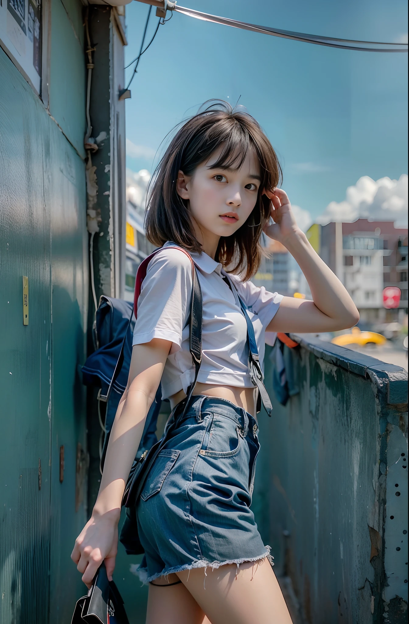 Time-lapse image on the background of a public apartment in Russia、Intersection of two time axes、Late summer photos、Images depicting different scenes of a teenage girl venturing through a Russian public house in the summer of the 1990s and 2020s. She is seen standing, Dancing, Posing、Tempting、With mixed emotions、Randomly select multiple emotions、Sounds like fun、sadly、In love、Staring at you、Eta、Gaze beyond these situations to the sky, Each represents a blend of past and future moments. The transition between eras is mesmerizing, With a perspective intertwined in a harmonious mix of nostalgia and futurism. The scene is、It is necessary to emit optimism and scathing sentimentality, Recognizing the girl's time experience as fluid, Interconnection phenomenon、​masterpiece