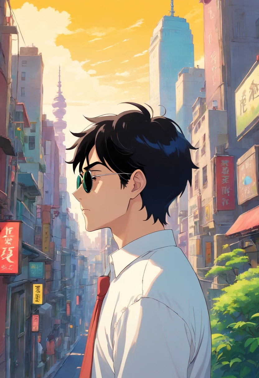 One young man wearing sunglasses、white  shirt、Elite Trading Company Man、 Tranquil New York Cityscape、 colorful animation stills, Black hair、 paul gauguin,Embry style, Honest portrayal