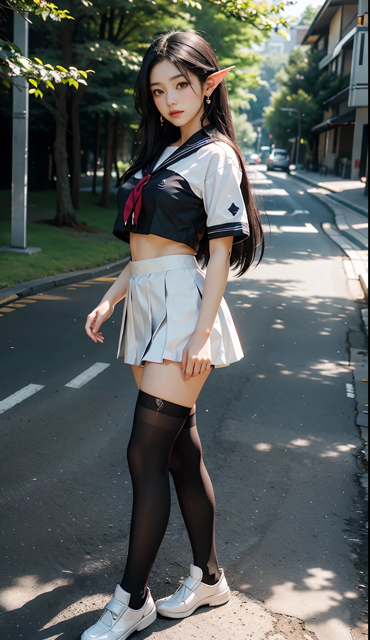 (Japanese-style school，the cherry trees：1 elf beauty，standing on your feet，a sailor suit）， tmasterpiece， best qualtiy， RAW photogr， realisticlying， Incredibly Ridiculous res，Elf long ears， ear studs，hair pin， (Long flowing silver-black hair：1.9)，eye shadows，(a sailor suit)，eardrop，foot ring，short  skirt，(Black sport socks)（Black half-knee socks)，(Loafer shoes)，two longer legs，depth of fields， A high resolution， ultra - detailed， filigree， RAWE is very detailed， very detailed eyes and faces， Sharp pupils， realistic pupil， tack sharp focus， cinmatic lighting，full bodyesbian，Bigboobs，long leges，From the front side，dynamicposes，Normal posture，closeup of face