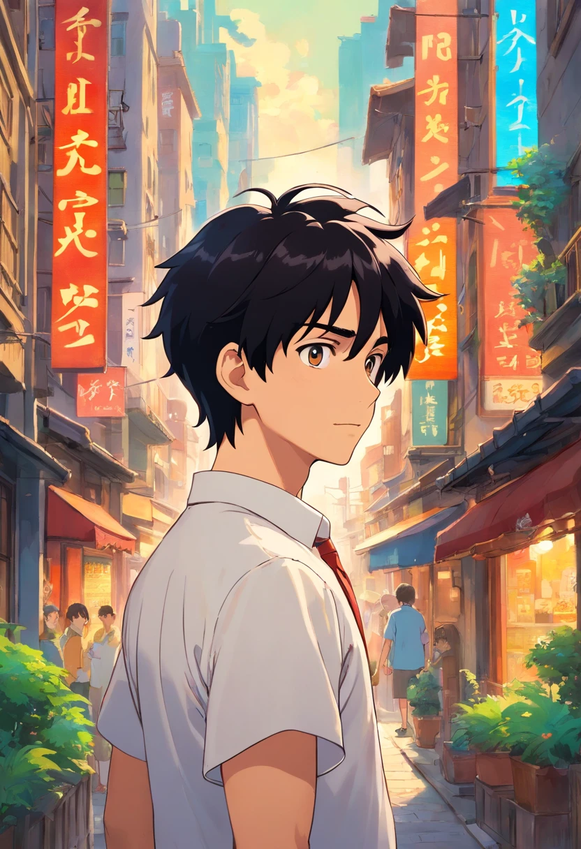 Handsome young man、white shirt、Elite Trading Company Man、 Tranquil New York Cityscape、 colorful animation stills, Black hair、 paul gauguin,Embry style, Honest portrayal