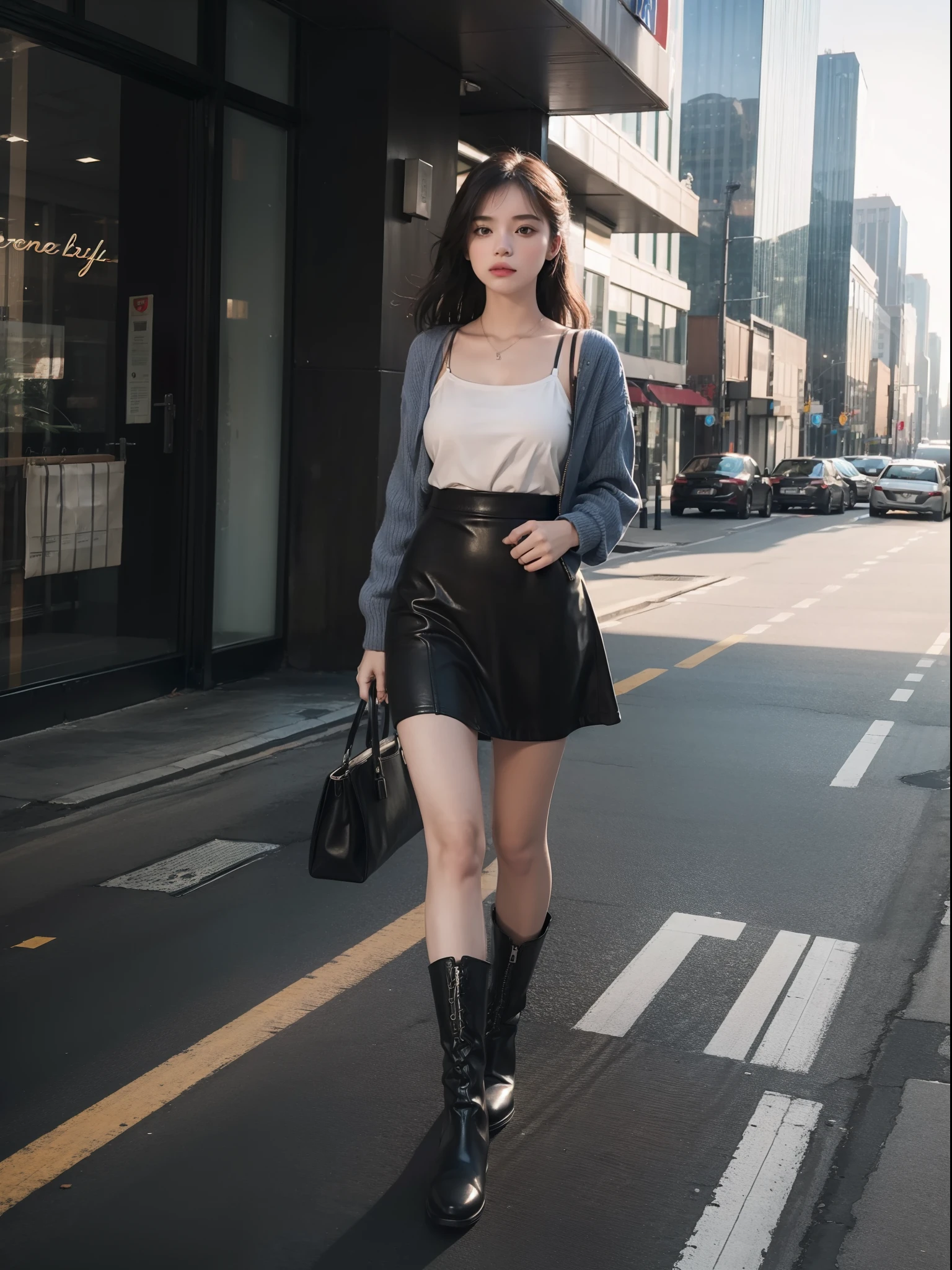 (full bodyesbian:1.67),(1girll:1.6),one-girl,full bodyesbian,Stand in a casual position,High-rise casual suit slip dress,Wear a skirt on the lower body,Wear boots,Leather boots,手拿手提包,hyper HD, High detail, Masterpiece, super detailing, High quality, High detail, Best quality, 16k,High contrast
