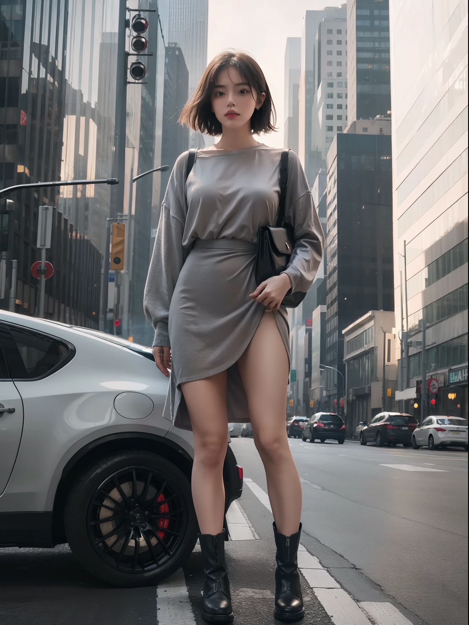 (full bodyesbian:1.67),(1girll:1.6),one-girl,full bodyesbian,Stand in a casual position,High-rise casual suit slip dress,Wear a skirt on the lower body,Wear boots,Leather boots,手拿手提包,hyper HD, High detail, Masterpiece, super detailing, High quality, High detail, Best quality, 16k,High contrast