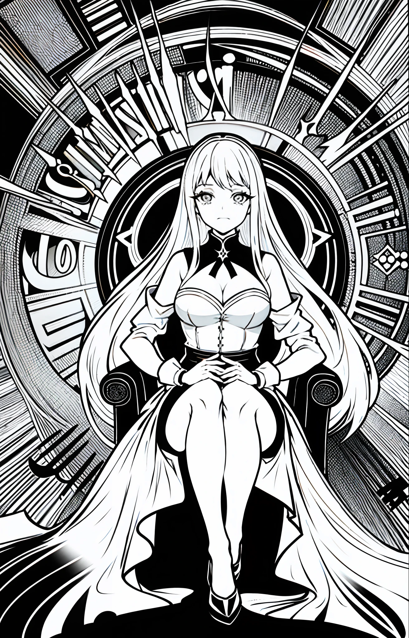 Cartoon picture of a woman sitting in a chair,The background is the clock, black and white manga page, isekai manga panel, black and white manga style, black and white manga panel, Comic cover style, the anime girl is crouching, shalltear from overlord, An anime cover, Black and white comics, comic cover, Black and white comics