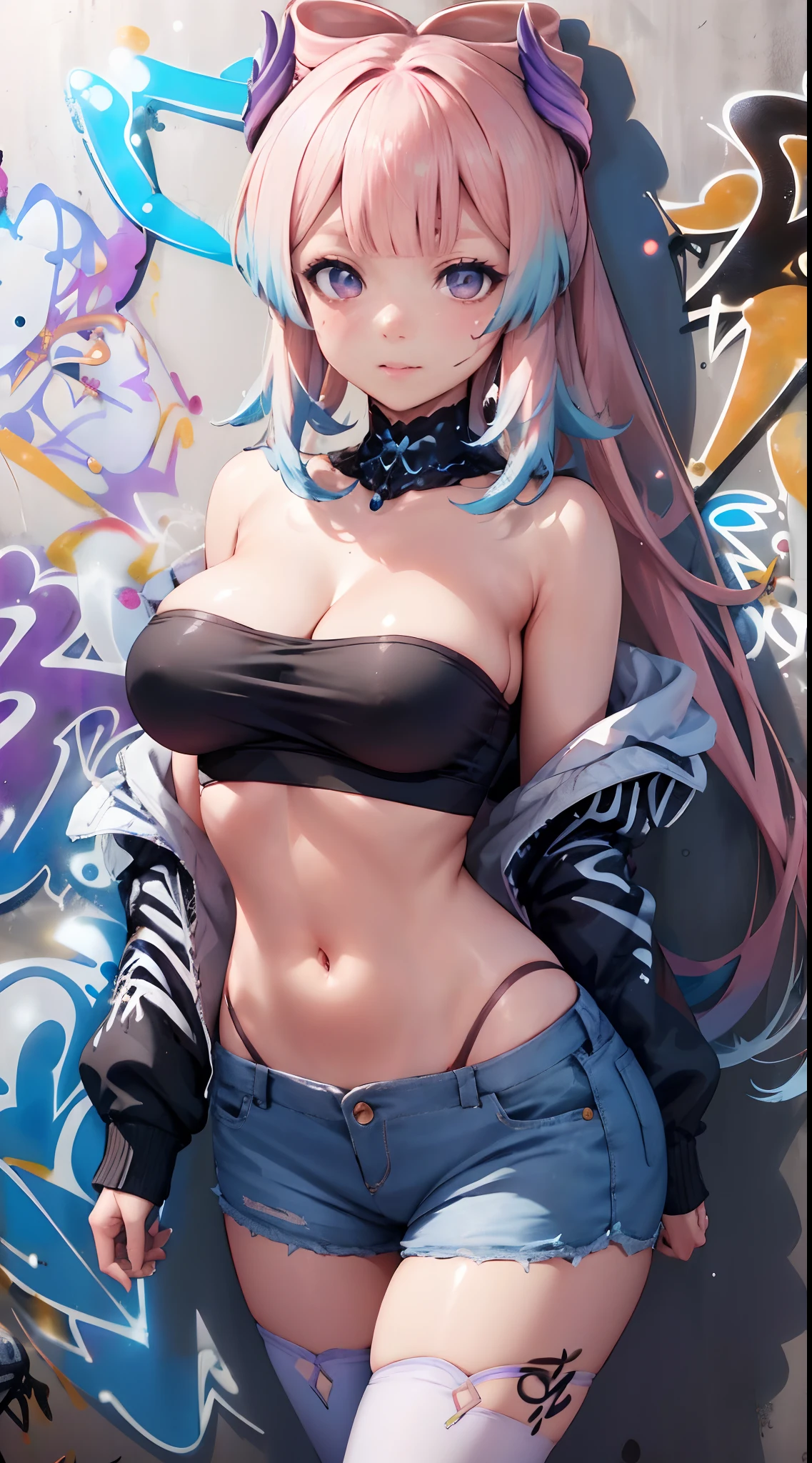 Sangonomiya Kokomi|genshin impact, master-piece, bestquality, 1girls,25 years old, shorts jeans, oversized breasts, ,bara, crop top, shorts jeans, choker, (Graffiti:1.5), Splash with purple lightning pattern., arm behind back, against wall, View viewers from the front., Thigh strap, Head tilt, bored, water eyes,