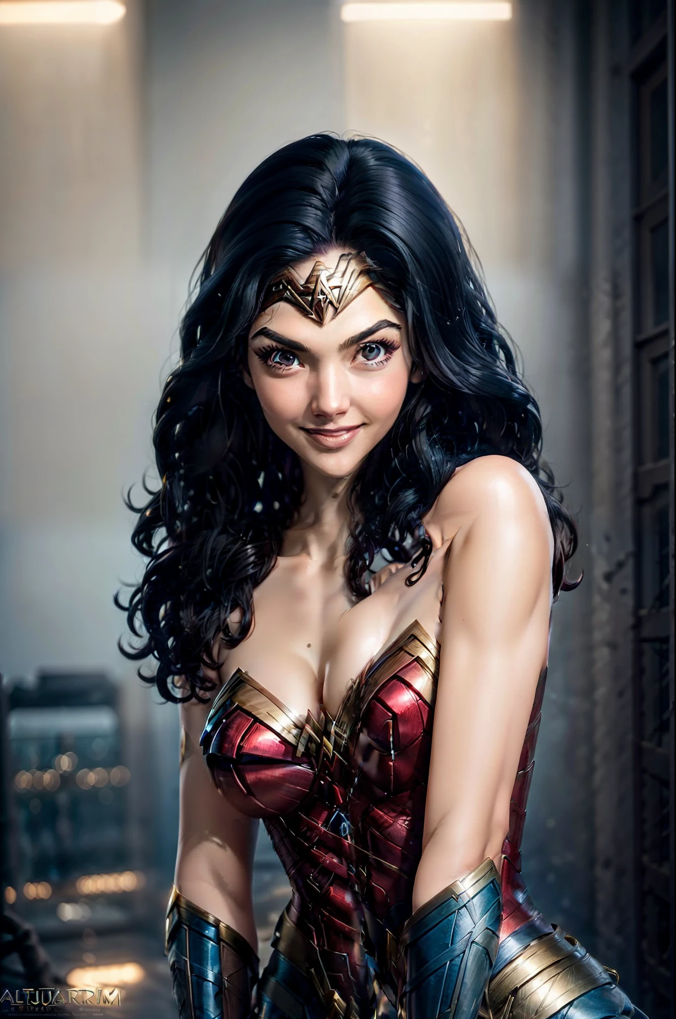 Wonder woman, Portrait photo by Altgarm, realism style, Glowing skin, Cartoon hero, Natural light, Defined lips, Strong physical strength, Feminine body, Full body, viewer, (Smile:1.2), Depth of field f/1.8, studio shot, (((looking in camera))), Camera orientation, ellen von unwerth, (Sexy Pose:1.5)
