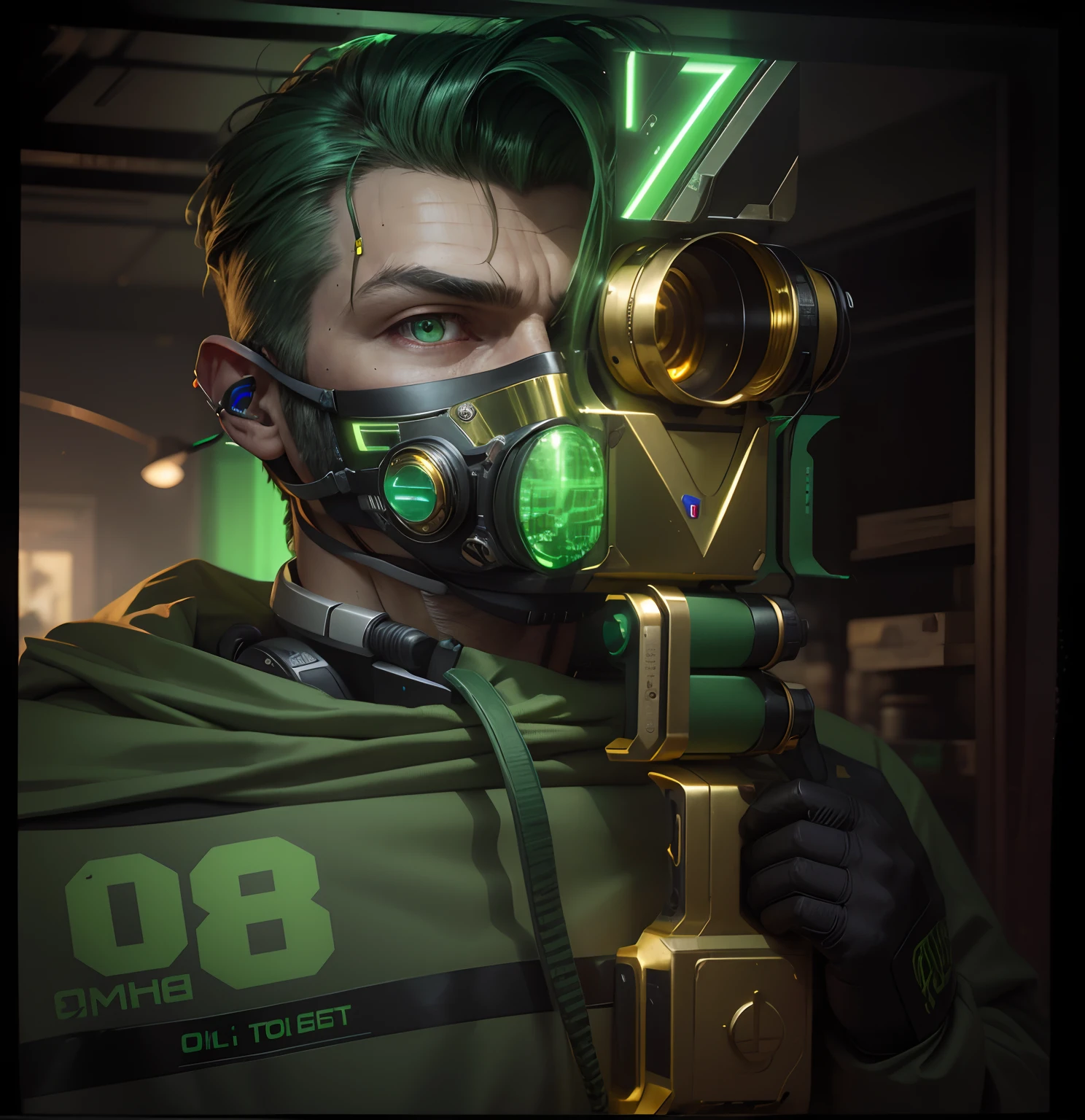 Portrait of cyborg man, green eyes ,monkey, model face, exposed wires, gold oil escaping from rusty wires,8k , ultra hd, handsome, handsome boy, connected a wires neck to ear , wear a face mask, fully cover face mask,dslr ultra hd photo,dslr , ear colour green, blink a green lamp in ear , wires connect from neck to ear,blink a green lamp out side of ear ,blink lamp, 8k , ultra