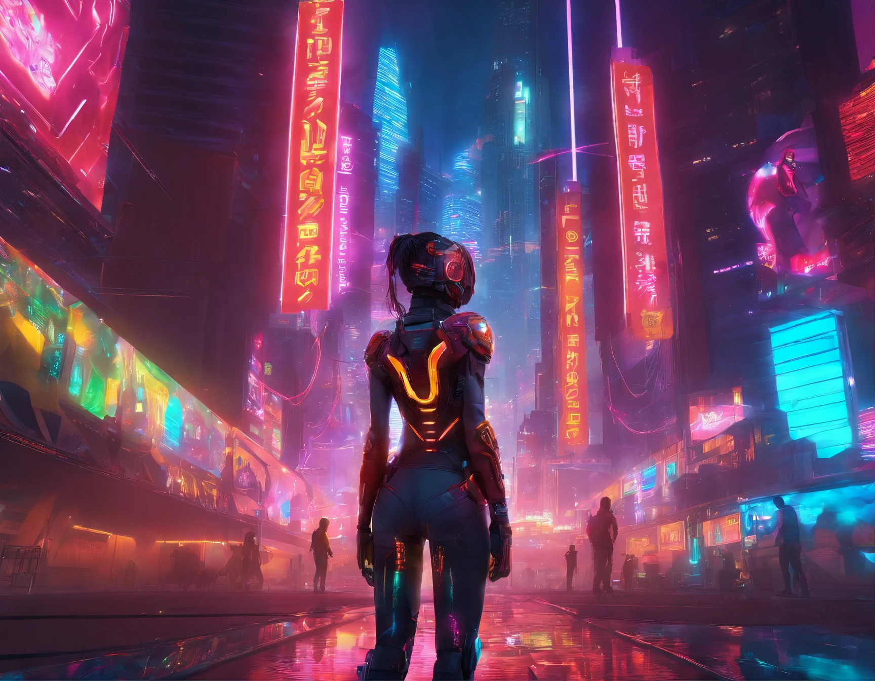(Female protogen),Cyberpunk,Mechanicalgirl,olhos brilhantes,metallic surface,display digital,Advanced technology,Futuristic,neon lights,electromagnetic field,bordas afiadas,Design simplificado,organismo digital,Biomechanicals,Atmosfera misteriosa,viseira de vidro,sentidos aprimorados,energetic pose,invisible circuits,holographic projections,fios coloridos,female cyborg