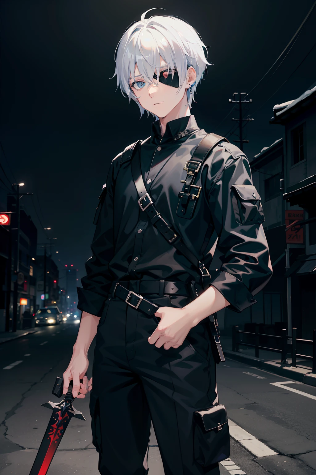 White-colored skin，White-colored skin，whaite hair，black pupils，light blue  eyes，lightblue hair、Silver-tone industrial earrings，shoun，crosses，bandaged，Eye patch on the right eye、short detailed hair，Handsome，Libido boy，Highest image quality，the night，the night，warn，male people，hoods，Cargo pants，Martin Boots，Black Pick Die，Long sword，crosses，crosses，nighttime scene，Black Cargo Pants，Black pantsuit
