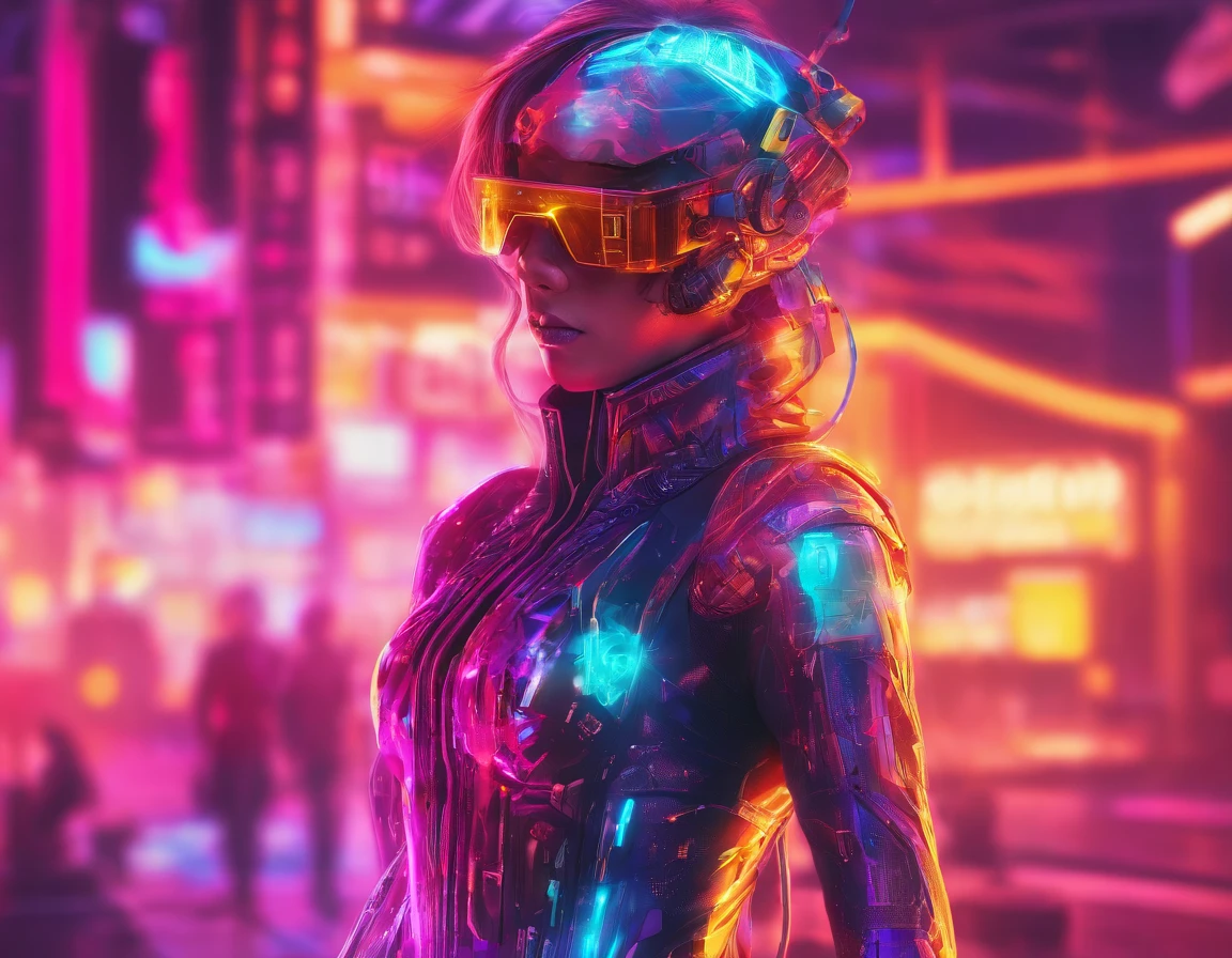 (Female protogen),Cyberpunk,Mechanicalgirl,olhos brilhantes,metallic surface,display digital,Advanced technology,Futuristic,neon lights,electromagnetic field,bordas afiadas,Design simplificado,organismo digital,Biomechanicals,Atmosfera misteriosa,viseira de vidro,sentidos aprimorados,energetic pose,invisible circuits,holographic projections,fios coloridos,female cyborg