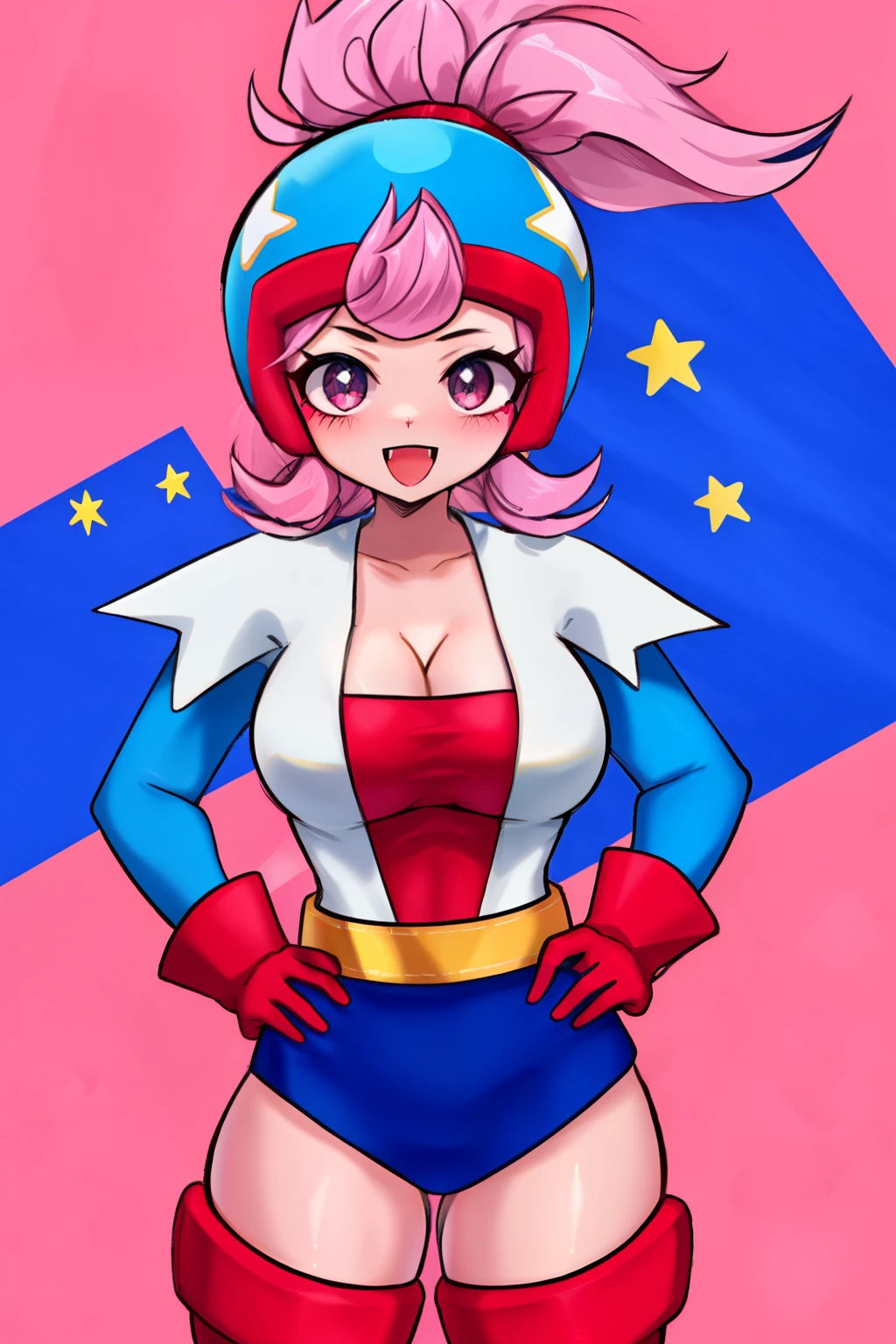 1girl, solo, janet, pink hair, ponytail, long hair, helmet, red gloves, blue leotard, star (symbol) , thigh boots , cleavage, belt, red footwear, shirt, long sleeves, ponytail, cowboy shot, large breasts, thick thighs, standing, hands on hips, legs apart, :D, white background,