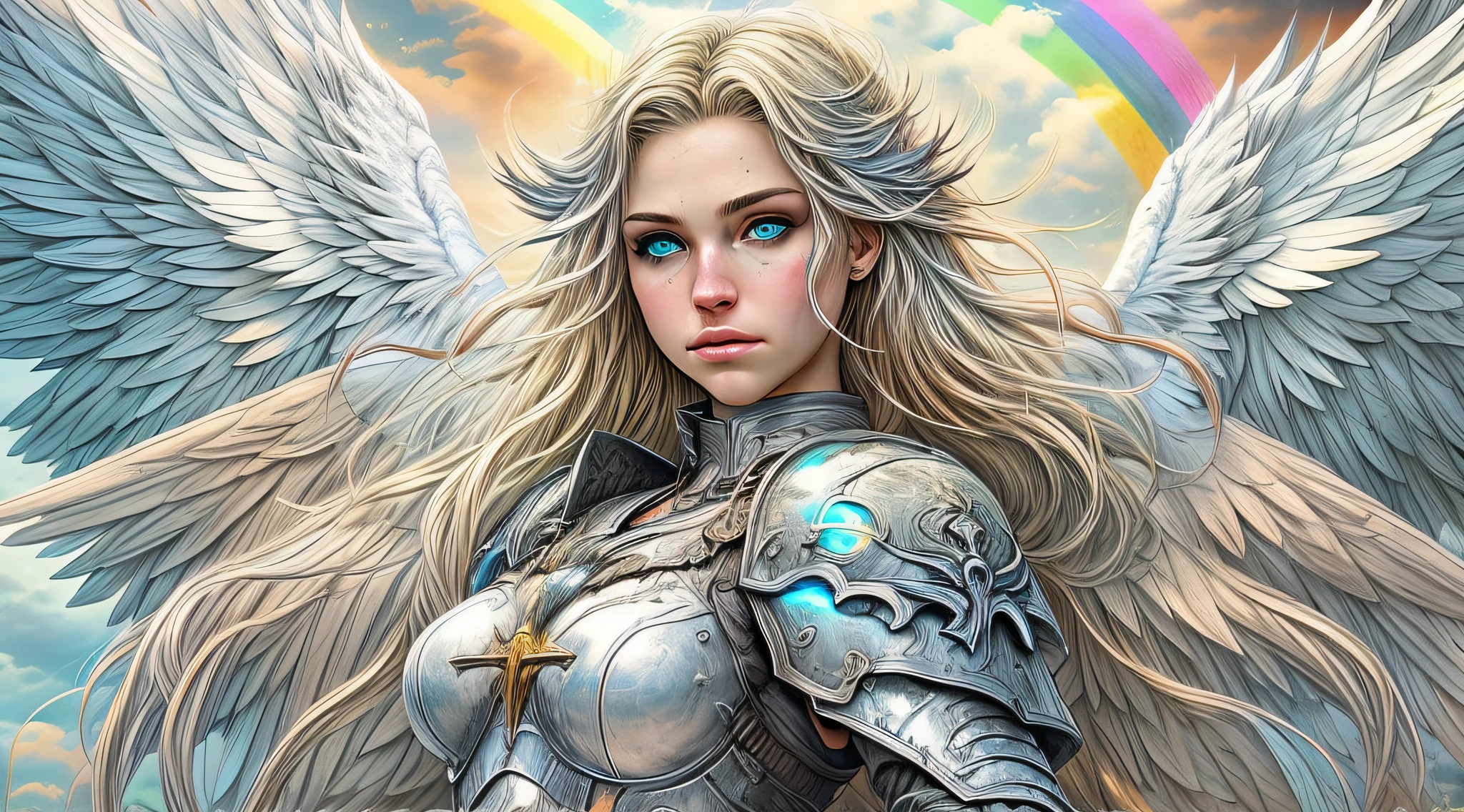 high details, best quality, 16k, [ultra detailed], masterpiece, best quality, dynamic angle, ultra wide shot, RAW, photorealistic, fantasy art, realistic art, a picture of an archangel flying in a the sky with an epic (rainbow: 1.4) between the clouds, fantasy art, RPG art, a medium distance shot, full body, an  epic beautiful female archangel, blond hair, long hair, (wavy hair: 1.2), (blue eyes: 1.2), intense eyes  (best detailed face: 1.3), (ultra feminine: 1.3) spread angelic wings angel_wings, wearing heavy armor, (with glowing divine sigils: 1.2), light clouds in the background, a  n epic (rainbow: 1.5)  between the clouds, 16k, ultra detailed, masterpiece, best quality, ultra detailed, full body, ultra wide shot, photorealistic,