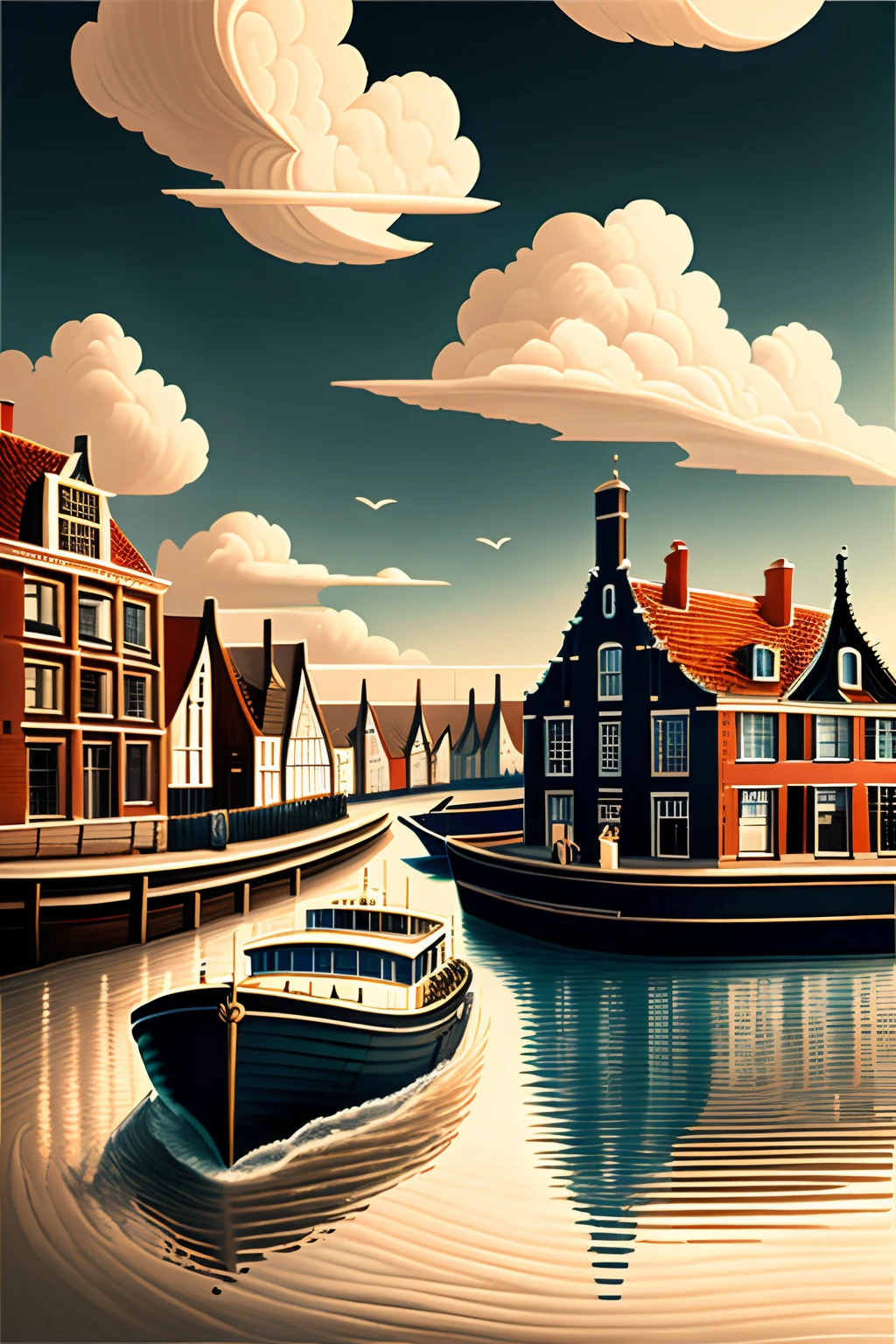 At the end of summer the boat in the river, in the style of hyperrealistic cityscapes, Dutch landscape, dramatic skies, digital painting and drawing, majestic ports, mixed Jan Van Scorel / Signe Vilstrup, 8k, printable --auto