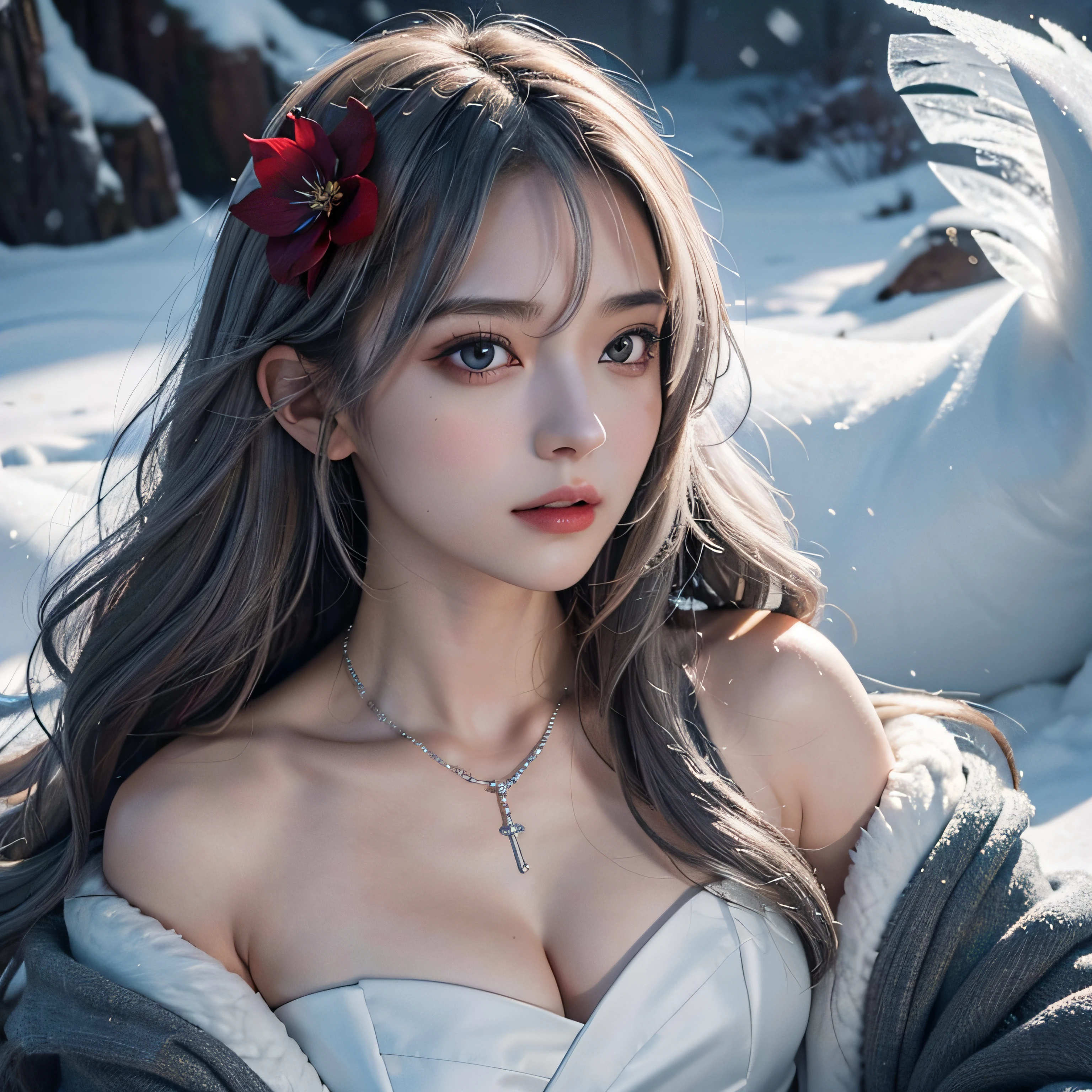 {{masutepiece}},Best Quality,Highly detailed,the Extremely Detailed CG Unity 8K Wallpapers,Illustration Traction, 1girl in, Red Eyes, wavy silver hair, pointy ear, Vampire, Dress, Necklace, Hair Flower, Snow, Ice, Full body, shot,High close-up, Highly detailed,center frame,Sharp Focus, Looking at Viewer, floting hair,