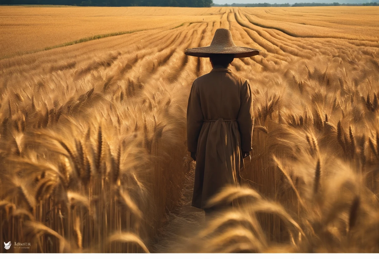 ((masterpiece)), ((best quality)), 8k, high detailed, ultra-detailed,
On a golden autumn day，A vast wheat field stretches into the distance。The scarecrow stands tall in the middle of a wheat field，Like a guardian。It wears colorful clothing，A straw hat is worn on his head，Holding a straw broom in his hand。The scarecrow's face was studded with a smile，As if greeting people passing by。The autumn breeze blows gently through the wheat waves，The scarecrow's robe fluttered in the wind，It seems to be dancing with nature。The sun shines warm sunlight through the clouds，Illuminates the whole picture。The ears of wheat in the wheat field are ripe，Swaying gently，Give people a joy of harvest。Panorama Figures