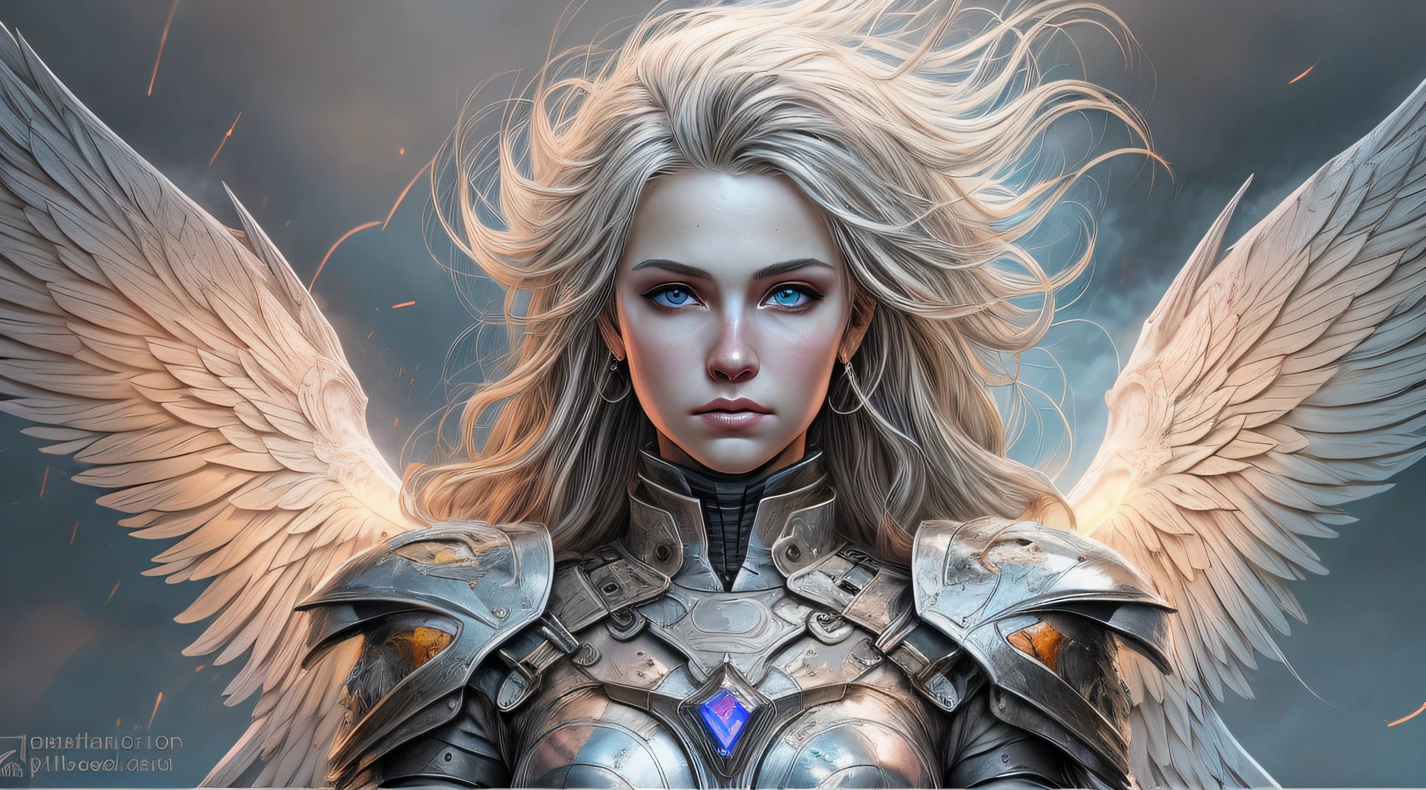 high details, best quality, 16k, [ultra detailed], masterpiece, best quality, dynamic angle, ultra wide shot, RAW, photorealistic, fantasy art, realistic art, a picture of an archangel flying in a the sky with an epic (rainbow: 1.4) between the clouds, fantasy art, RPG art, a a full distance shot, full body, an epic beautiful female archangel, blond hair, long hair, (wavy hair: 1.2), (blue eyes: 1.2), intense eyes (best detailed face: 1.3), (ultra feminine: 1.3) spread angelic wings angel_wings, wearing heavy armor, (with glowing divine sigils: 1.2), light clouds in the background, a n epic (rainbow: 1.5) between the clouds, 16k, ultra detailed, masterpiece, best quality, ultra detailed, full body, ultra wide shot, photorealistic,