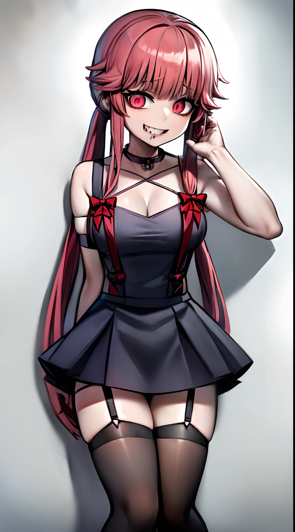 ((masterpiece, best quality)), (1girl), (solo), (female focus), (yuno gasai:1.5), long hair, (red eyes:1.5), pink hair, smile, low twintails, red eyes, 1girl, (large breasts:1.5), solo focus, (black choker:1.5), (Open chest sweater:1.5), black thigh high socks, grey mini skirt, crazy smile, (blood splatter:1.5), (yandere:1.5), in a old room, (psycho:1.5), (stocking suspenders:1.5), (POV, form below:1.5), (perfect hands:1.5), (she kills you:1.5), (evil eyes:1.7), (old room:1.5), (she holding you up against the wall:1.6)