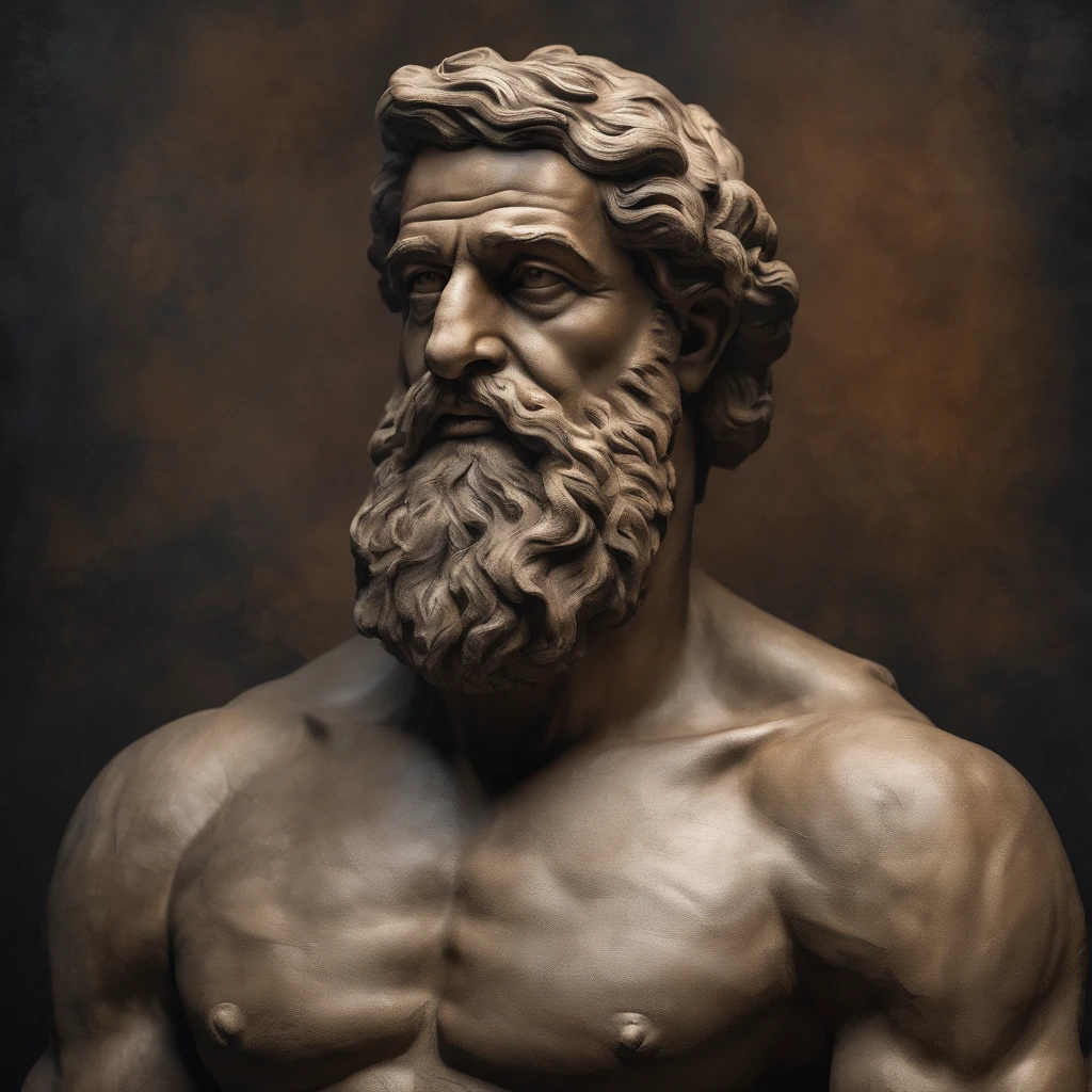 greek statue of philosophy with beard and muscles, cinematic, 8k, dark background, detailed symmetrical realistic face, extremely detailed natural texture, peach fuzz, short hair, masterpiece, absurdities, award-winning photo by lee jeffries, nikon film stock d850 photography, camera kodak portra 400 f1.6 lens, extremely detailed, amazing, fine details, rich colors, realistic hyper realistic texture, dramatic lighting, unrealengine, trending on artstation, cinestill 800 tungsten, looking at viewer, realistic photo, photo RAW , TanvirTamim, high quality, high resolution, sharp focus, extremely detailed, cinematic lighting, 8k uhd,