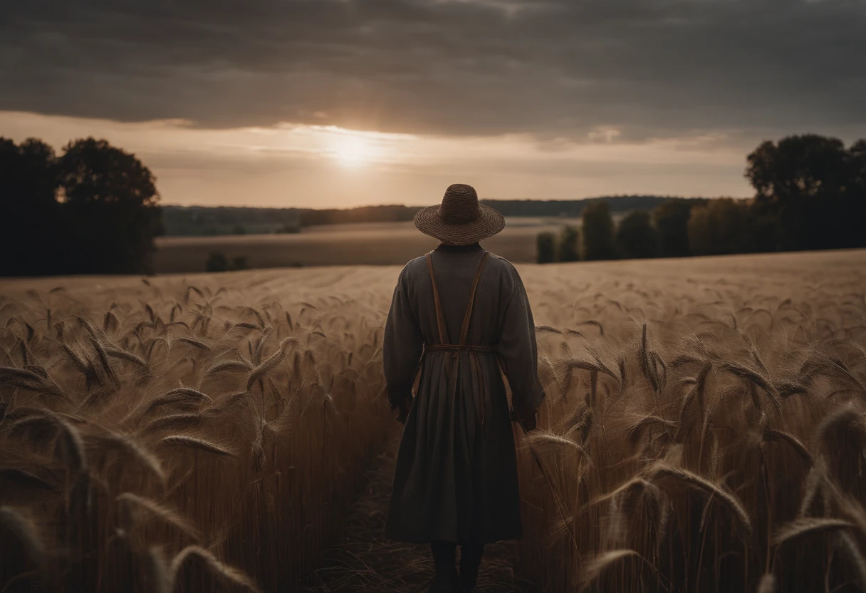 ((masterpiece)), ((best quality)), 8k, high detailed, ultra-detailed,Black and White photo。autumnal,A vast wheat field stretches into the distance。The scarecrow stands tall in the middle of a wheat field,Like a guardian。It was dressed in tattered clothing,A straw hat is worn on his head,Holding a straw broom in his hand。The autumn breeze blows gently through the wheat waves,The scarecrow's robe fluttered in the wind,The sun shines through the clouds,Illuminates the whole picture。The ears of wheat in the wheat field are ripe,