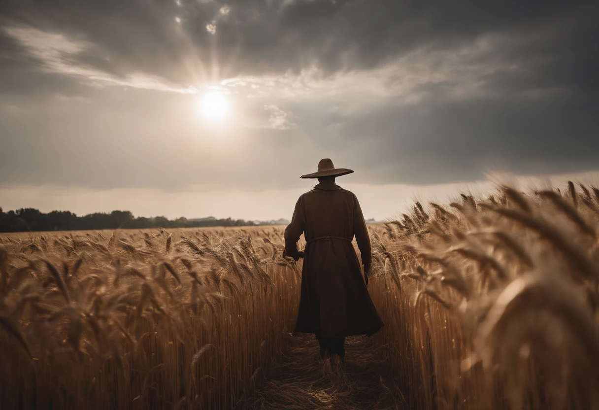 ((masterpiece)), ((best quality)), 8k, high detailed, ultra-detailed,Black and White photo。autumnal,A vast wheat field stretches into the distance。The scarecrow stands tall in the middle of a wheat field,Like a guardian。It was dressed in tattered clothing,A straw hat is worn on his head,Holding a straw broom in his hand。The autumn breeze blows gently through the wheat waves,The scarecrow's robe fluttered in the wind,The sun shines through the clouds,Illuminates the whole picture。The ears of wheat in the wheat field are ripe,