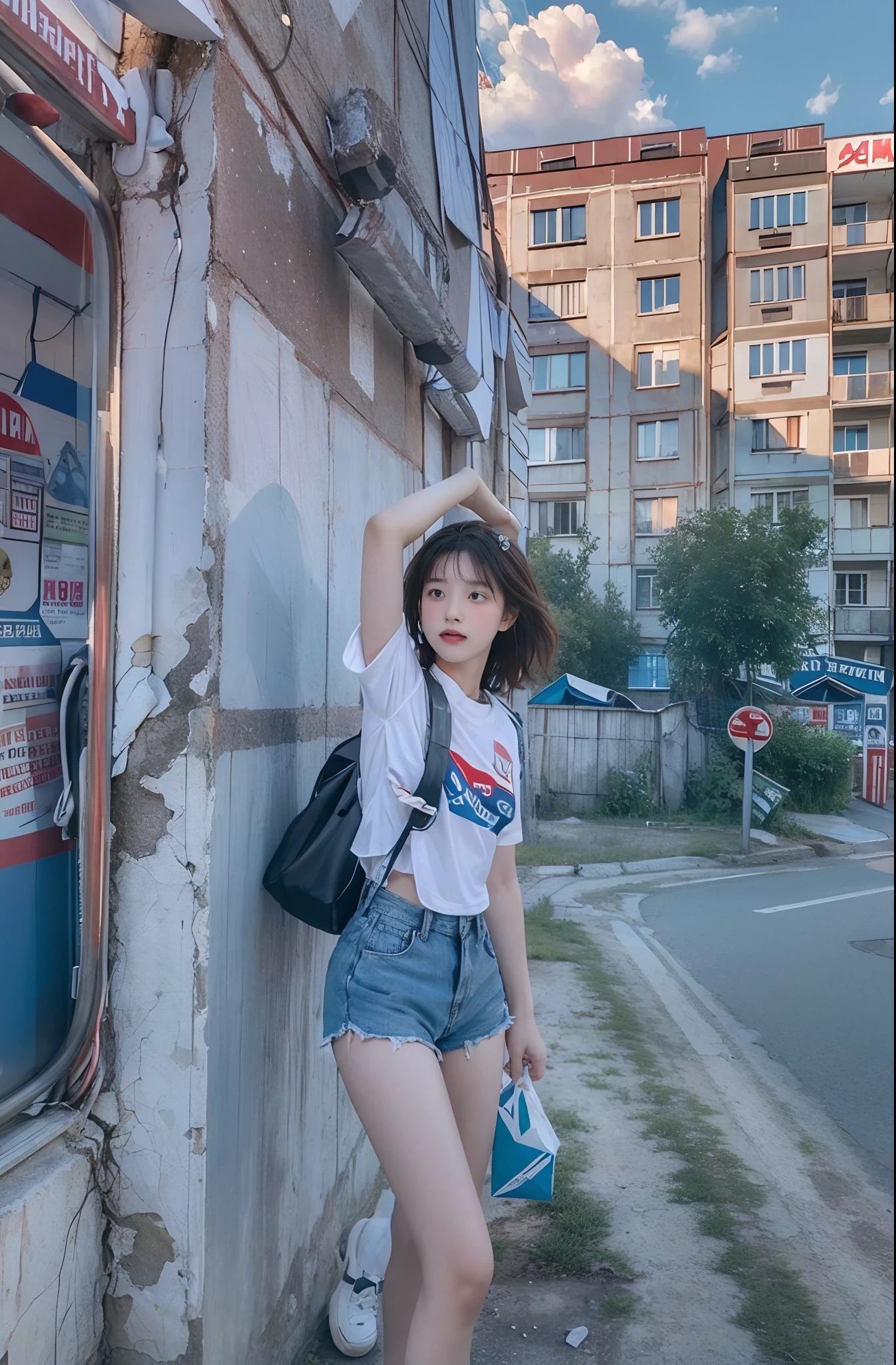 Time-lapse image on the background of a public apartment in Russia、Intersection of two time axes、Late summer photos、Images depicting different scenes of a teenage girl venturing through a Russian public house in the summer of the 1990s and 2020s. She is seen standing, Dancing, Posing、Tempting、With mixed emotions、Randomly select multiple emotions、Sounds like fun、sadly、In love、Staring at you、Eta、Gaze beyond these situations to the sky, Each represents a blend of past and future moments. The transition between eras is mesmerizing, With a perspective intertwined in a harmonious mix of nostalgia and futurism. The scene is、It is necessary to emit optimism and scathing sentimentality, Recognizing the girl's time experience as fluid, Interconnection phenomenon、​masterpiece