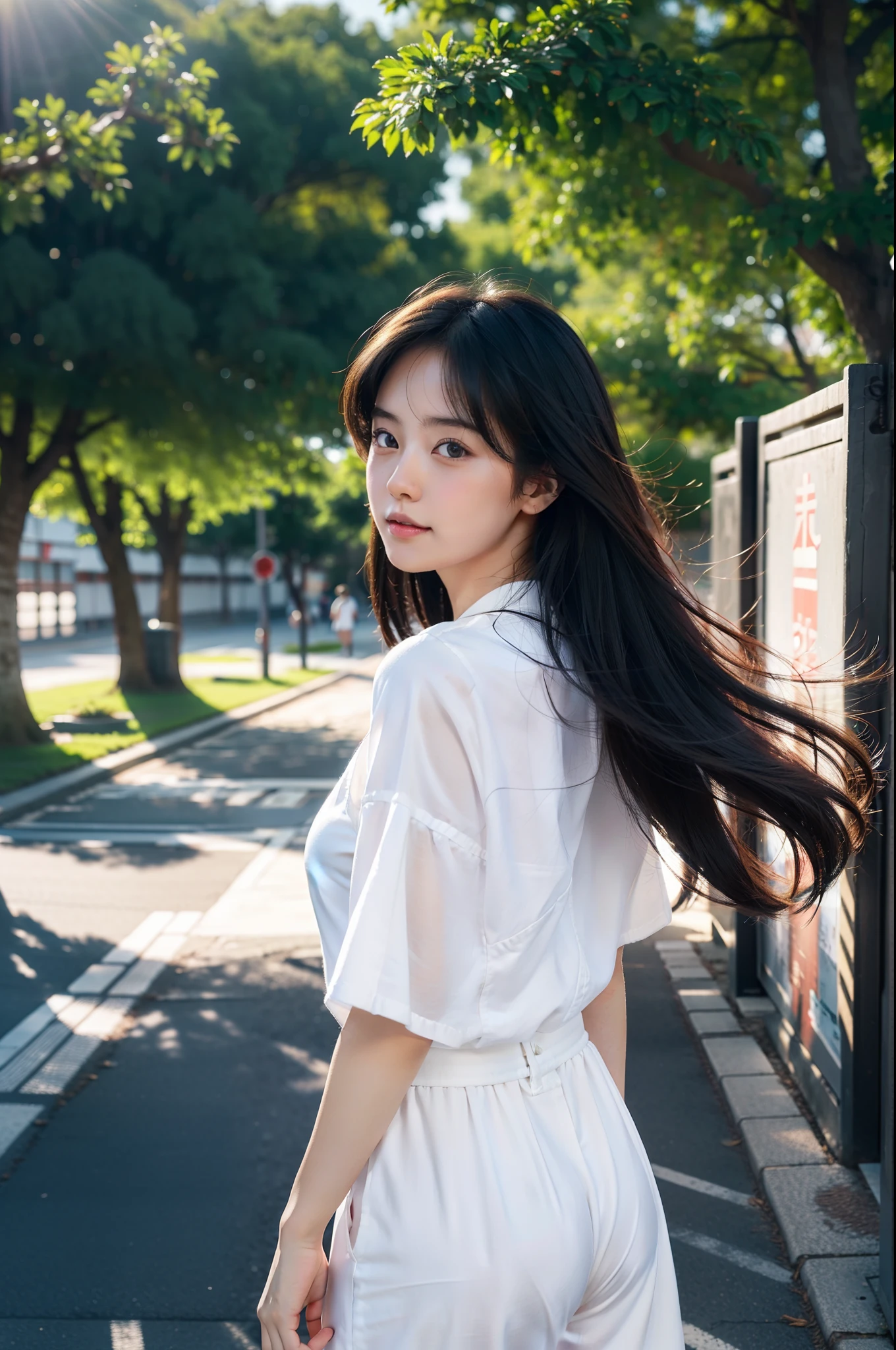 Realistic real people and beautiful women，Campus background，4K HD quality，It has a 3D visual feel，Pure style，white apparel，Japanese fresh breeze，backlit portrait，The moment the character looks back，Hair flowing with wind，The characters are cute and playful