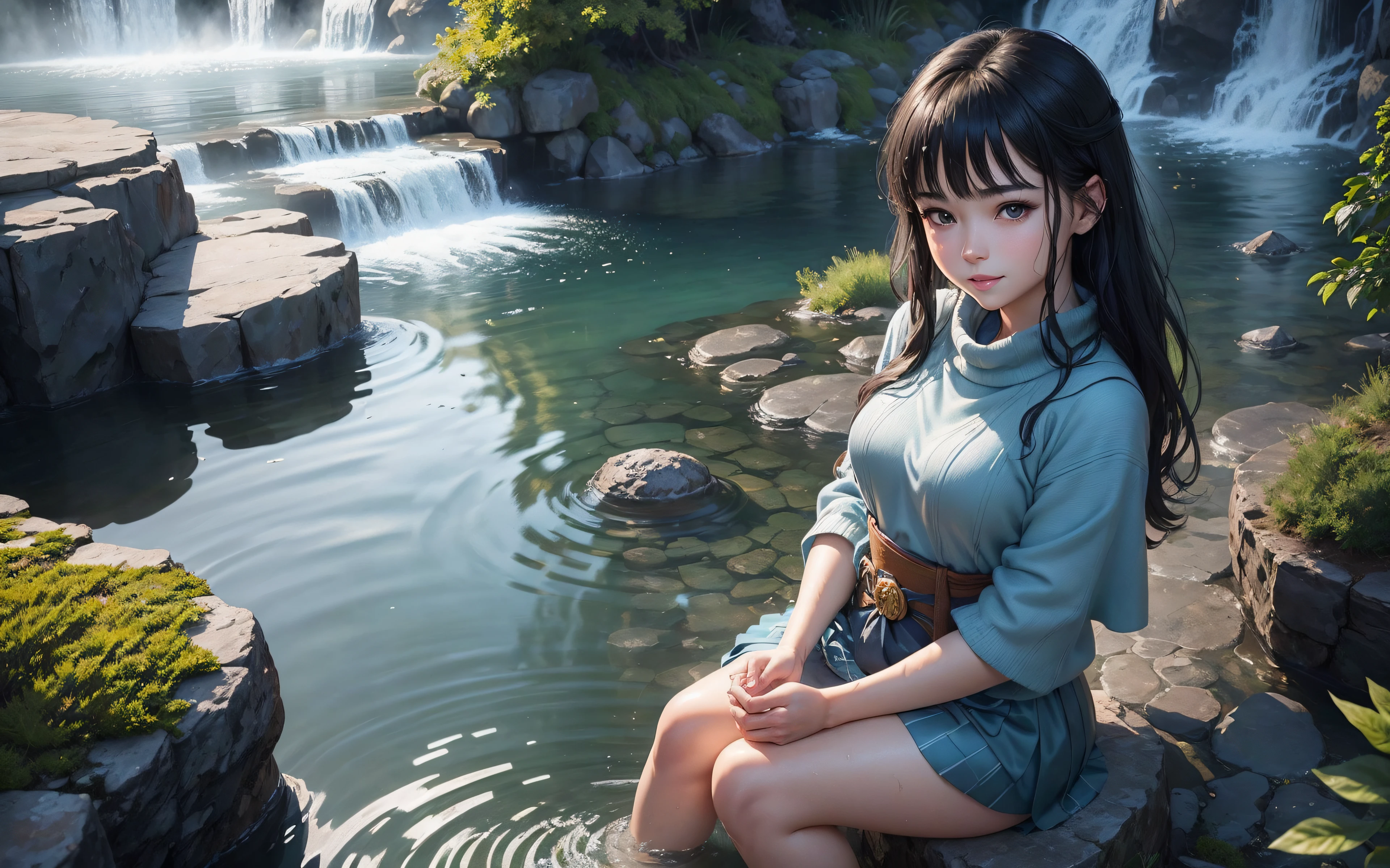 (Best picture quality, 8K, masterpiece: 1.3)), Sharp focus: 1.2, ((Not Sexy)), ((Cute girl Face, Both Eyes same)), (One Girl, 17 year old, Slightly Skinny, Two legs, hide fingers) ((Perfect Face, Perfect Eyes, Bangs, Slim Cheeks, Perfect Lips)), ((Highly detailed face, Smile, standing on your feet:1.2)), ((Highly detailed facial and skin texture)), (Black hair), ((Water Bender , Control Water by hands , Power)) , (Full traditional clothes, wearing full clothes), (cute), (anime girl in a blue dress standing in a pool of water, full sweater, long skirt, green plants, waterfall, lake, artwork, fantasy art style, art, closeup fantasy with water magic, CGI anime fantasy artwork, art)