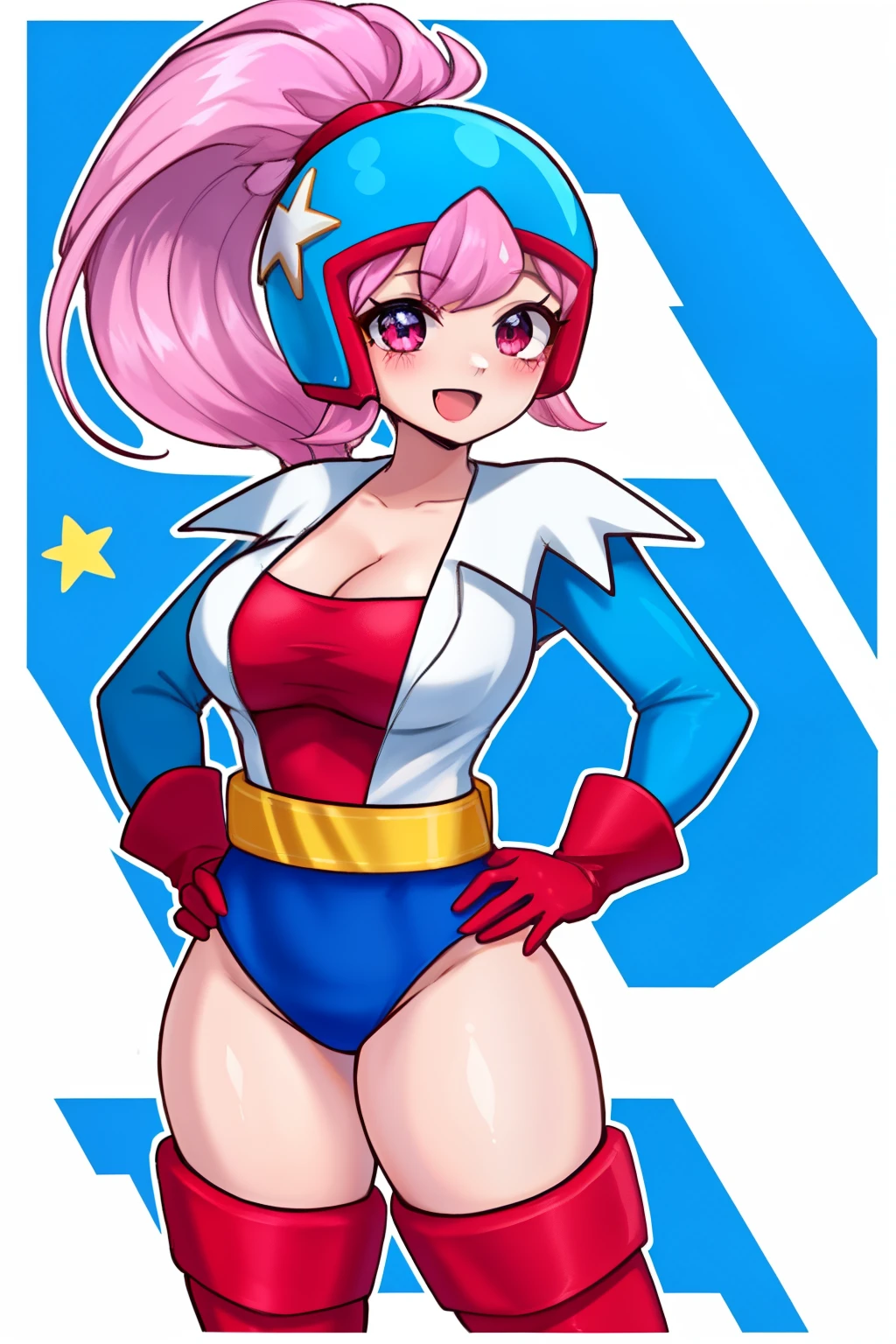 a beautiful young woman, with pink hair and tied up, wearing a cyan helmet, a red blouse with white colette and blue long sleeves with red gloves, sexy body, giant ass, thick thighs, hot curves, hentai, nsfw, , sex,  , her breasts are small, she is smiling at the spectator,