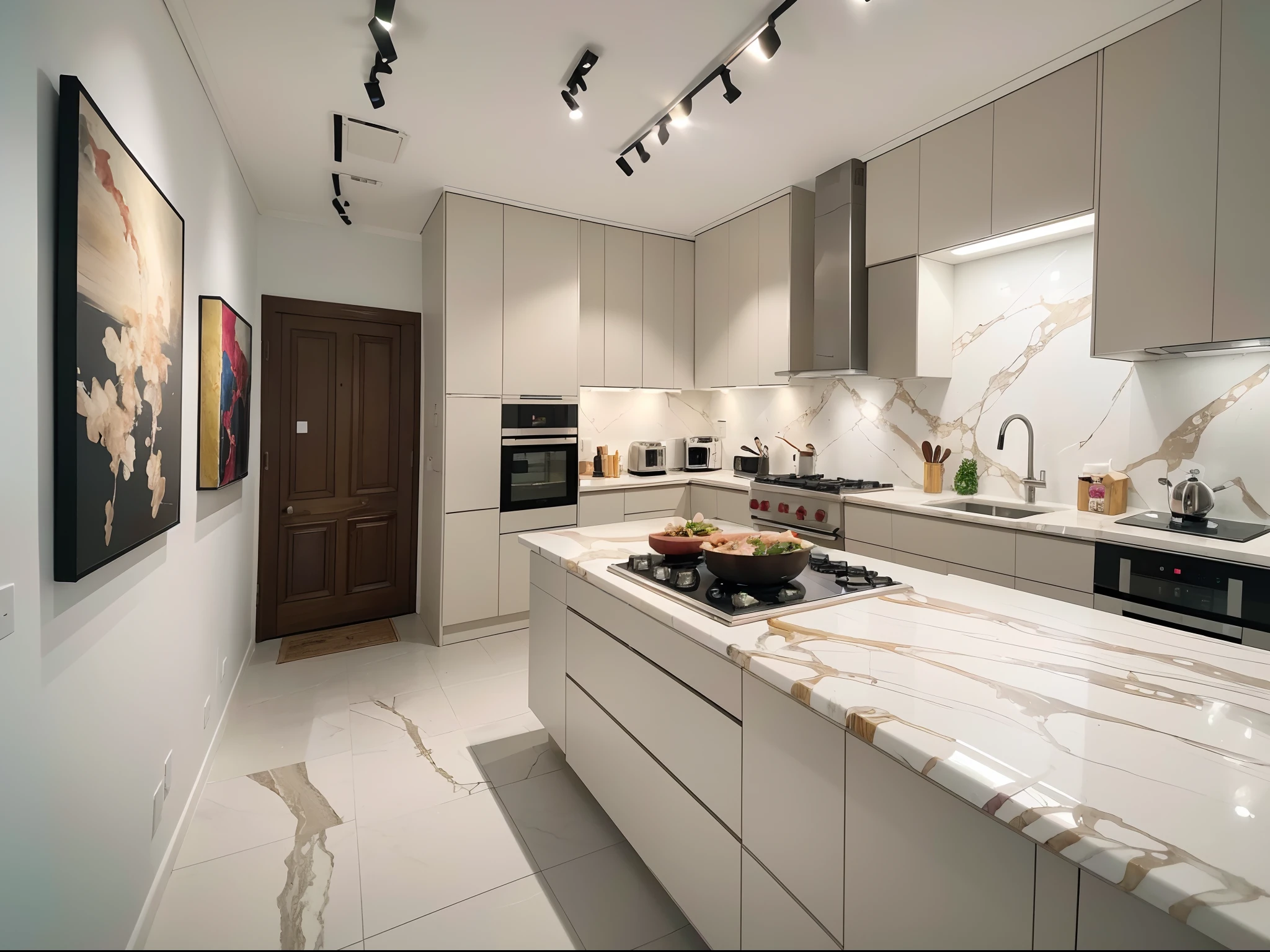 (best quality,4k,highres),(brightly lit,well-lit),(vibrant,expressive,colorful),(contemporary abstract) artwork (on the walls,displayed on the walls,adorn the walls),(Highly detailed view,HDR lighting), (marble countertops),(intricately designed porcelain,exquisite china)(1.5), (creative,innovative) culinary tools and utensils,(culinary/artistic hub),(food art haven),(a feast for the senses,a sensory delight),(culinary/fine art crossover),(creative fusion of food and art)