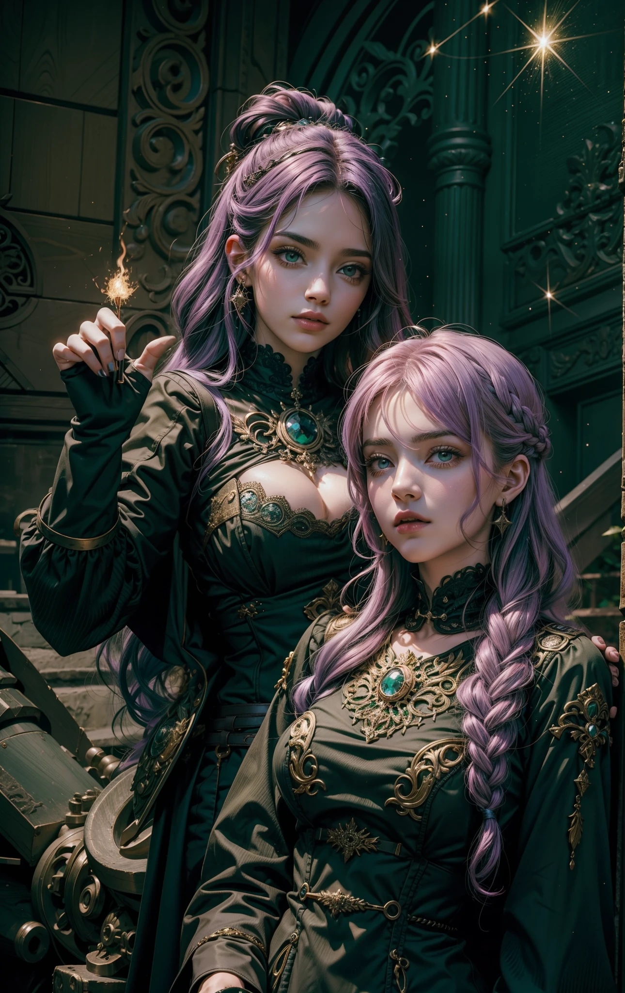 2 mulheres com a magia dourada, The background of the image is dark and starry and full of patches of light with sparks of fire, 2 mulheres de tons de cabelo diferente assim como os olhos, 1 melher has lilac hair, magical aura, a outro melher tem cabelo verde/verde, cabelos verdes, 1 garota de cabelos verdes